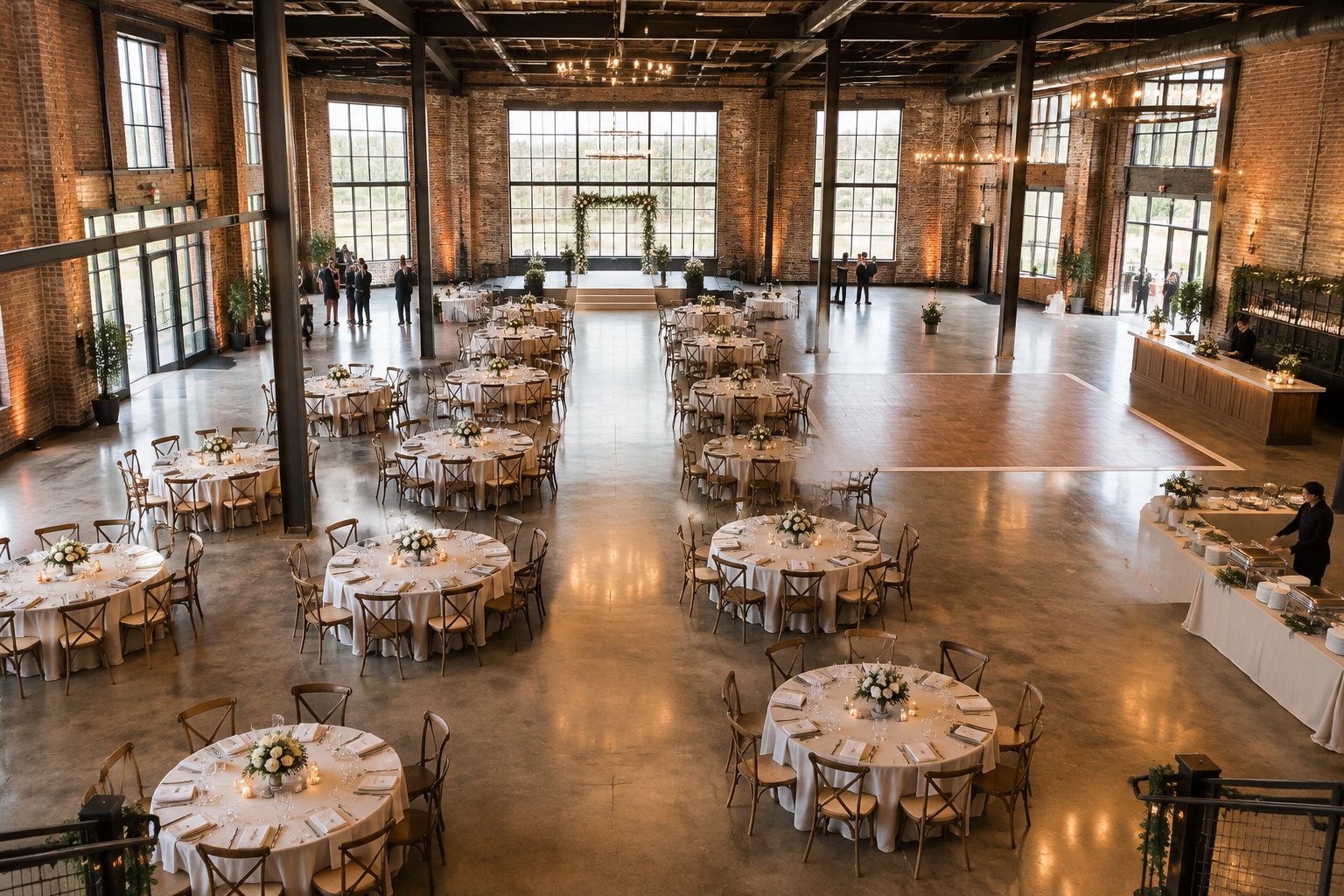 A wedding reception arranged inside a spacious industrial venue.