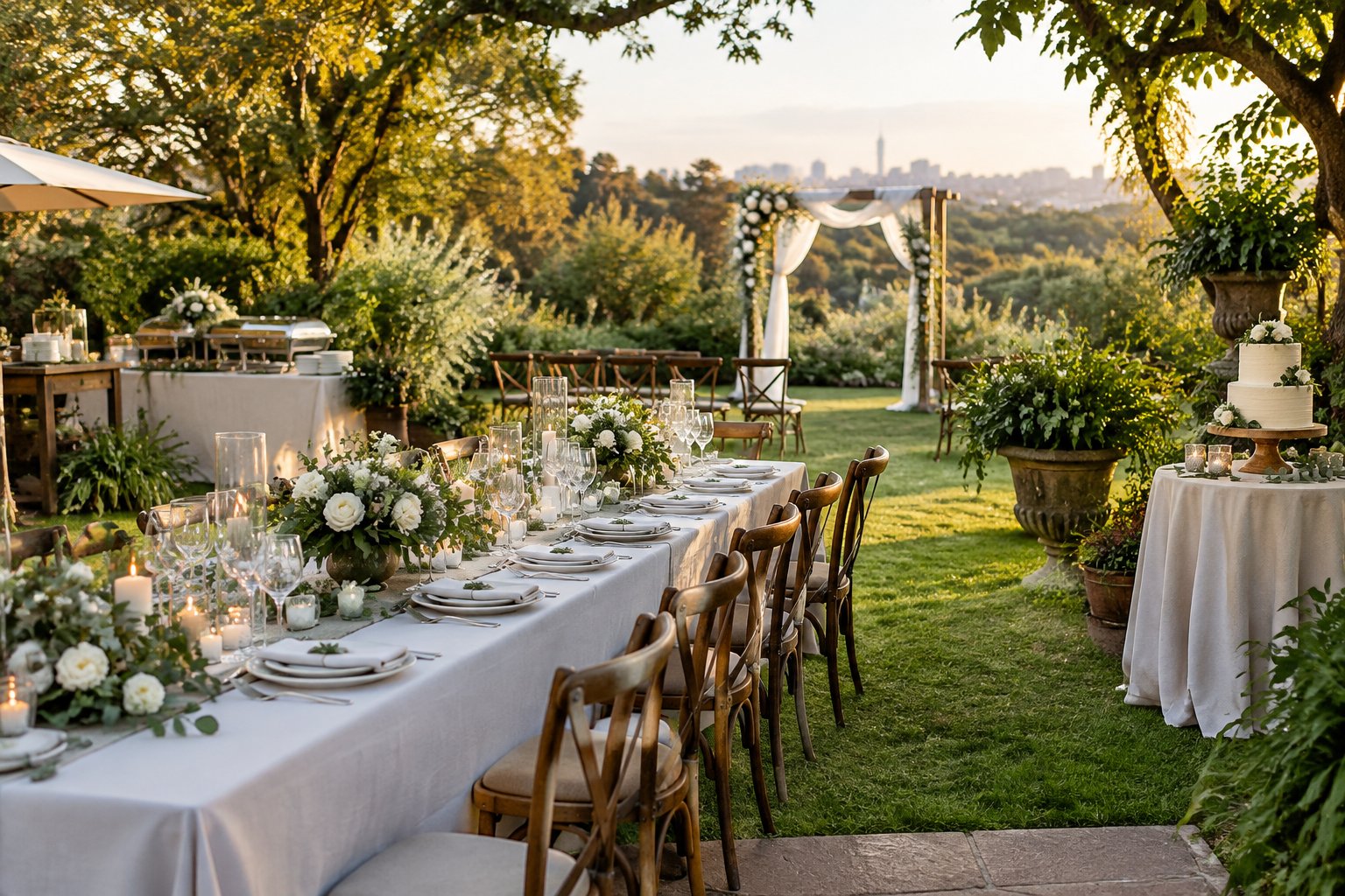 A small garden wedding reception with a decorated table, flowers, and a ceremony arch.