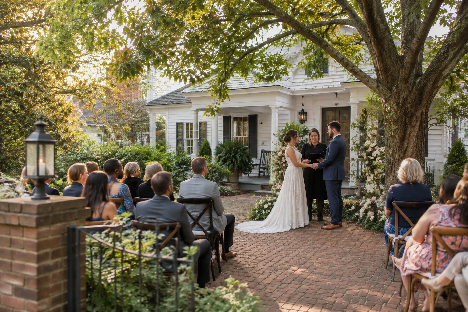 A couple exchanges vows in a leafy courtyard as a small group of guests watches.