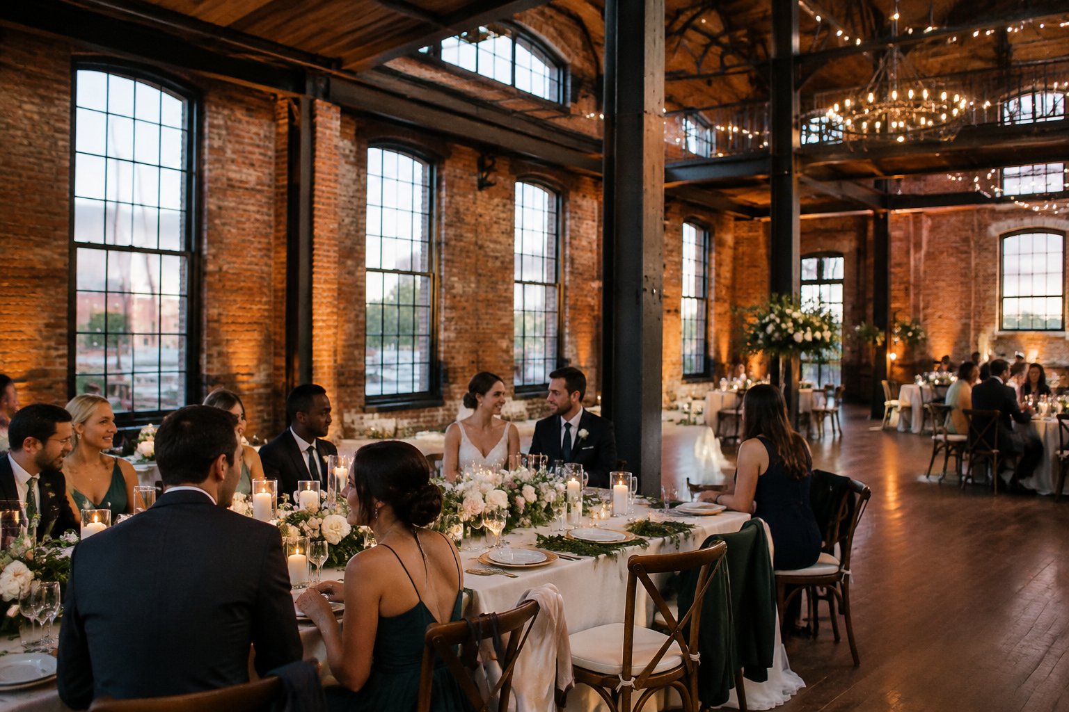 Guests celebrate at a wedding reception in a brick industrial venue.