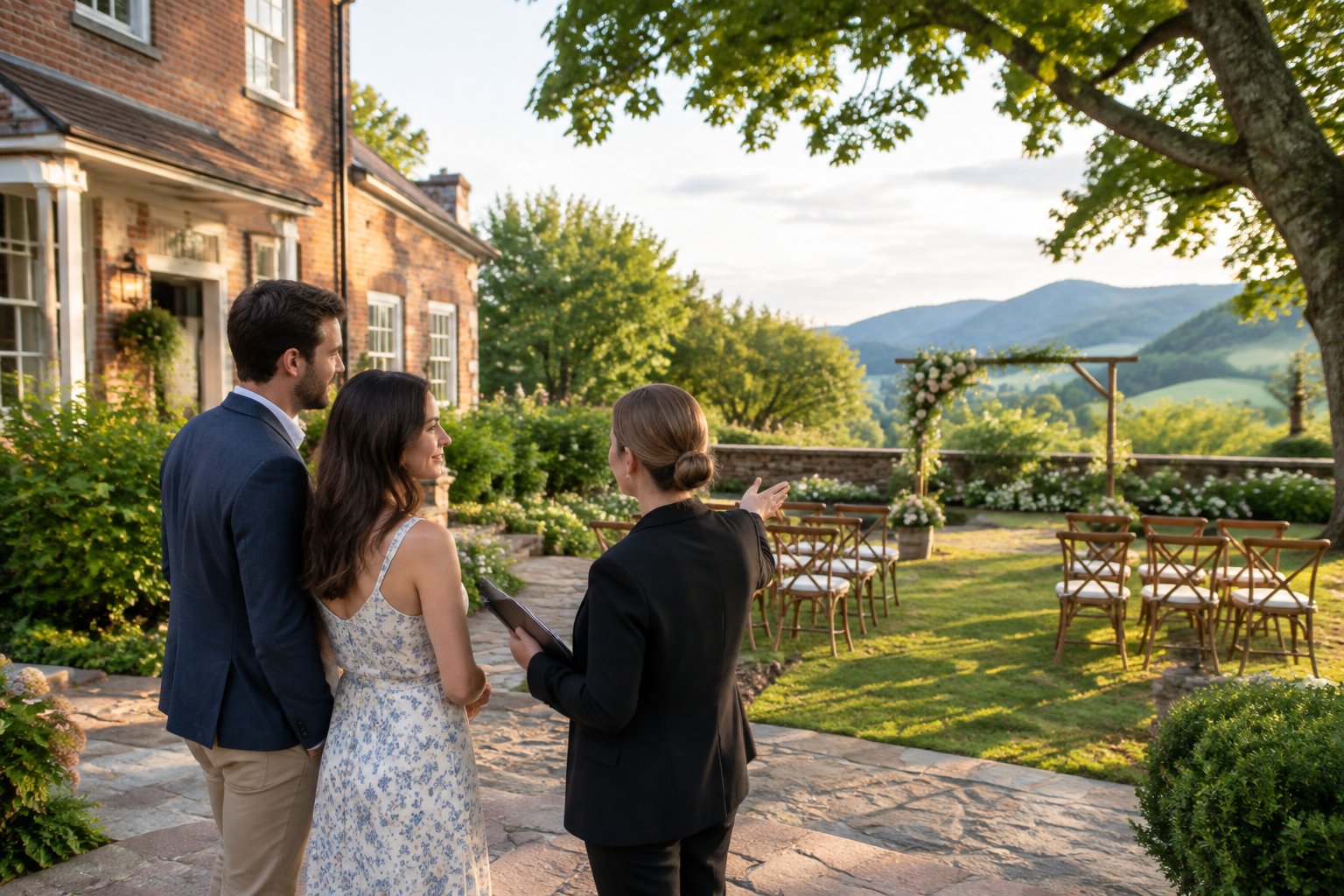 A couple and venue coordinator look over a small wedding space in a garden courtyard.