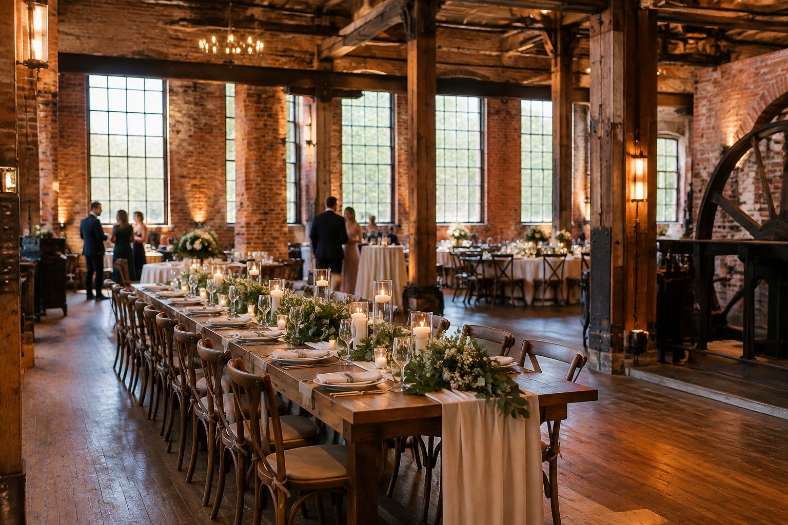 A wedding reception set inside a historic brick mill.
