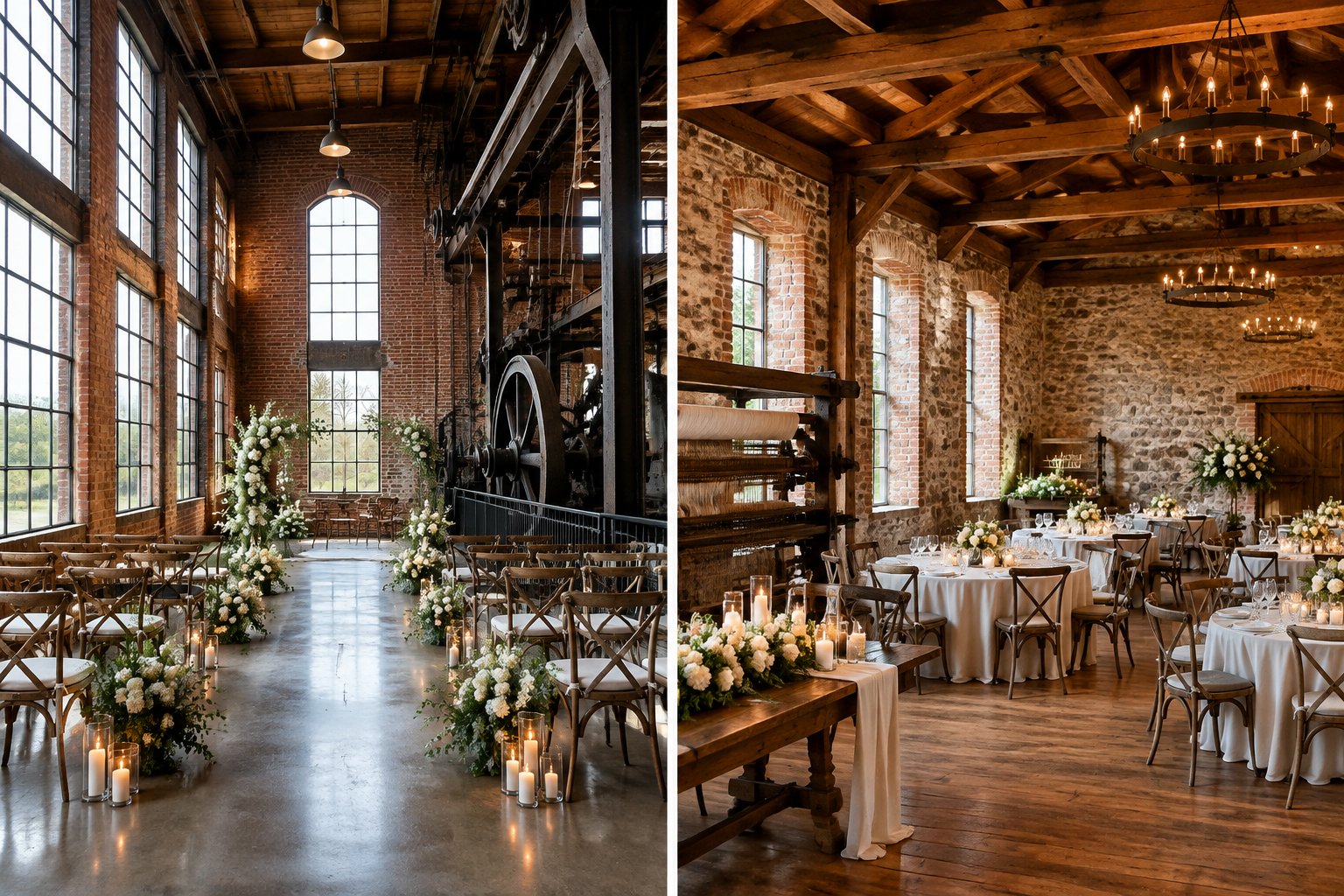 Two historic mill buildings arranged as wedding venues.