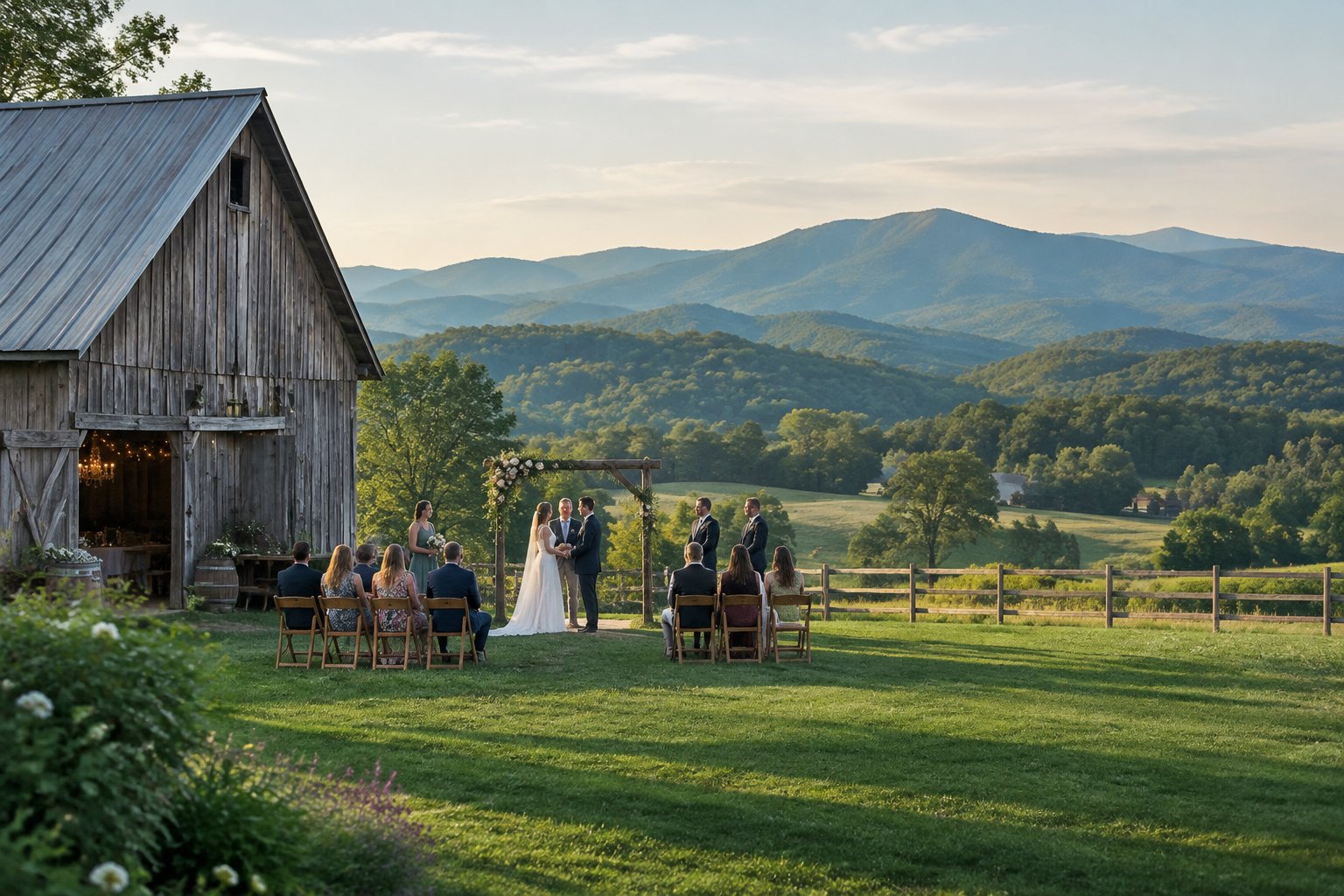 A small wedding ceremony takes place beside a barn, with green fields and mountains in the background.