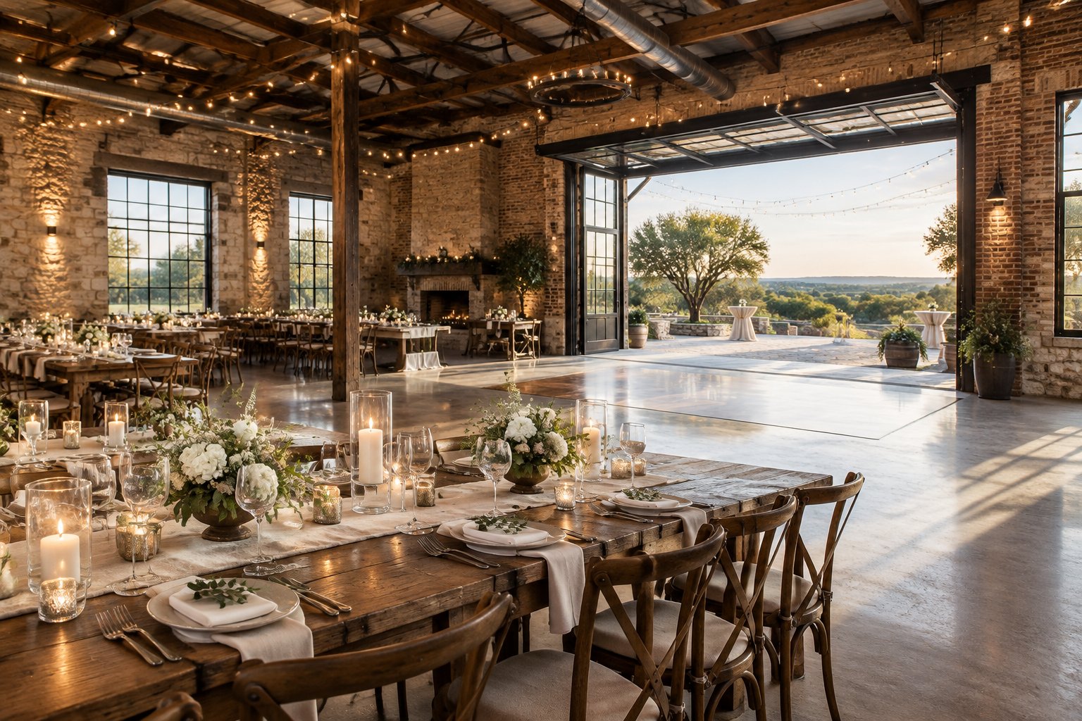 A wedding reception set inside a converted industrial venue with a view of the surrounding countryside.