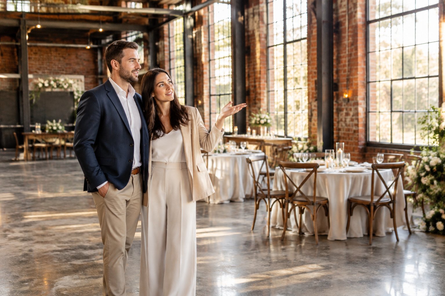 A couple considers a wedding venue inside a brick industrial warehouse.
