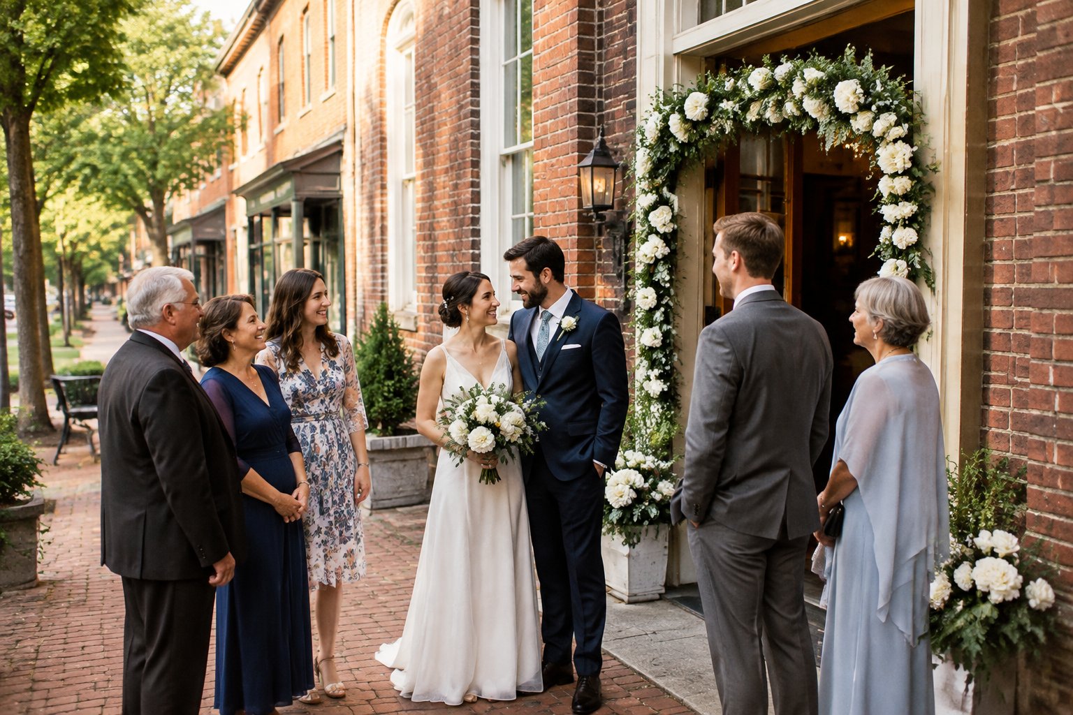 A couple and a small group of guests gather outside a historic downtown wedding venue.