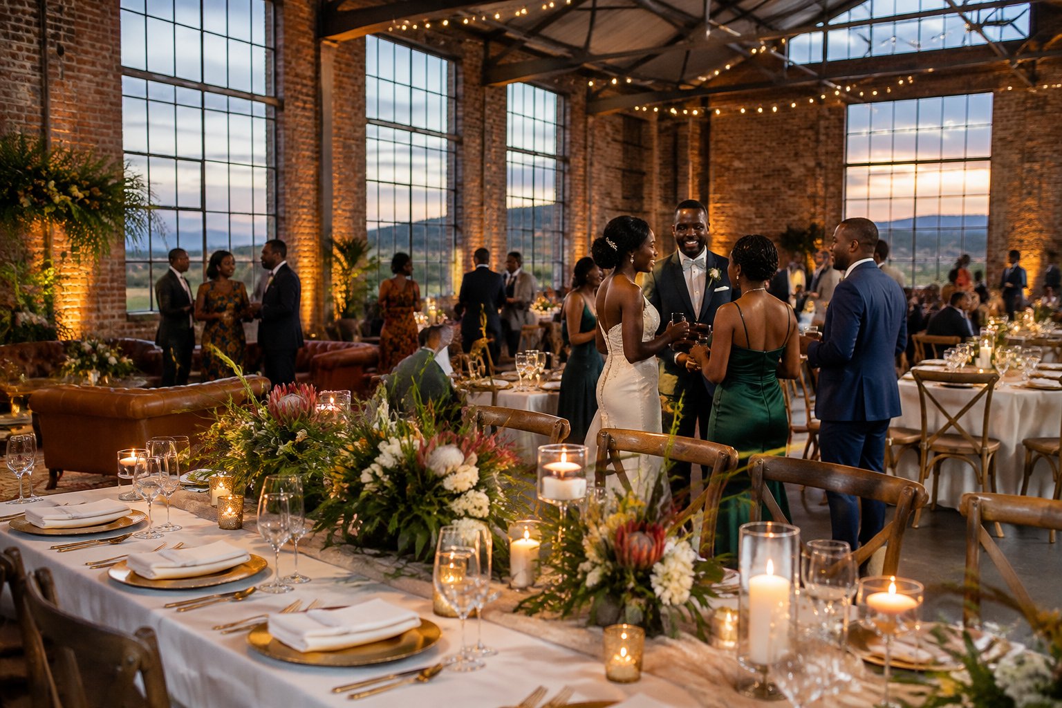 Guests celebrate at a wedding reception in a brick industrial hall.
