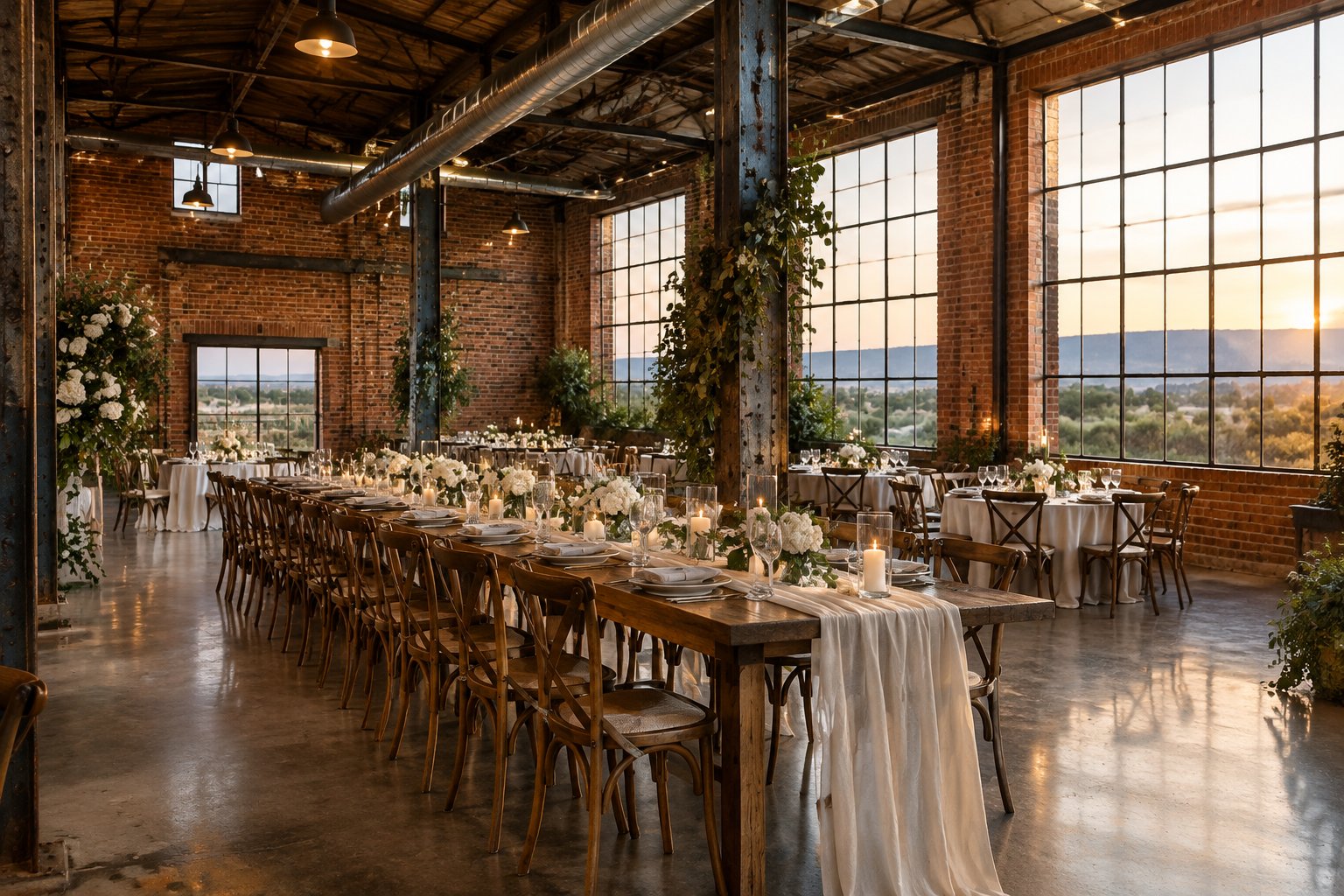 A wedding reception table inside a warehouse with exposed brick walls and steel beams.