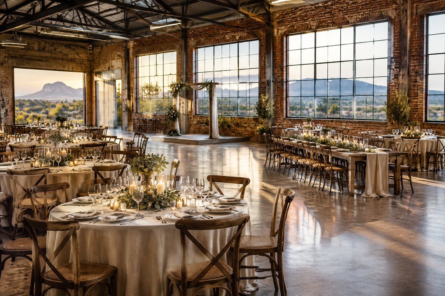 A wedding reception set inside a spacious warehouse venue.