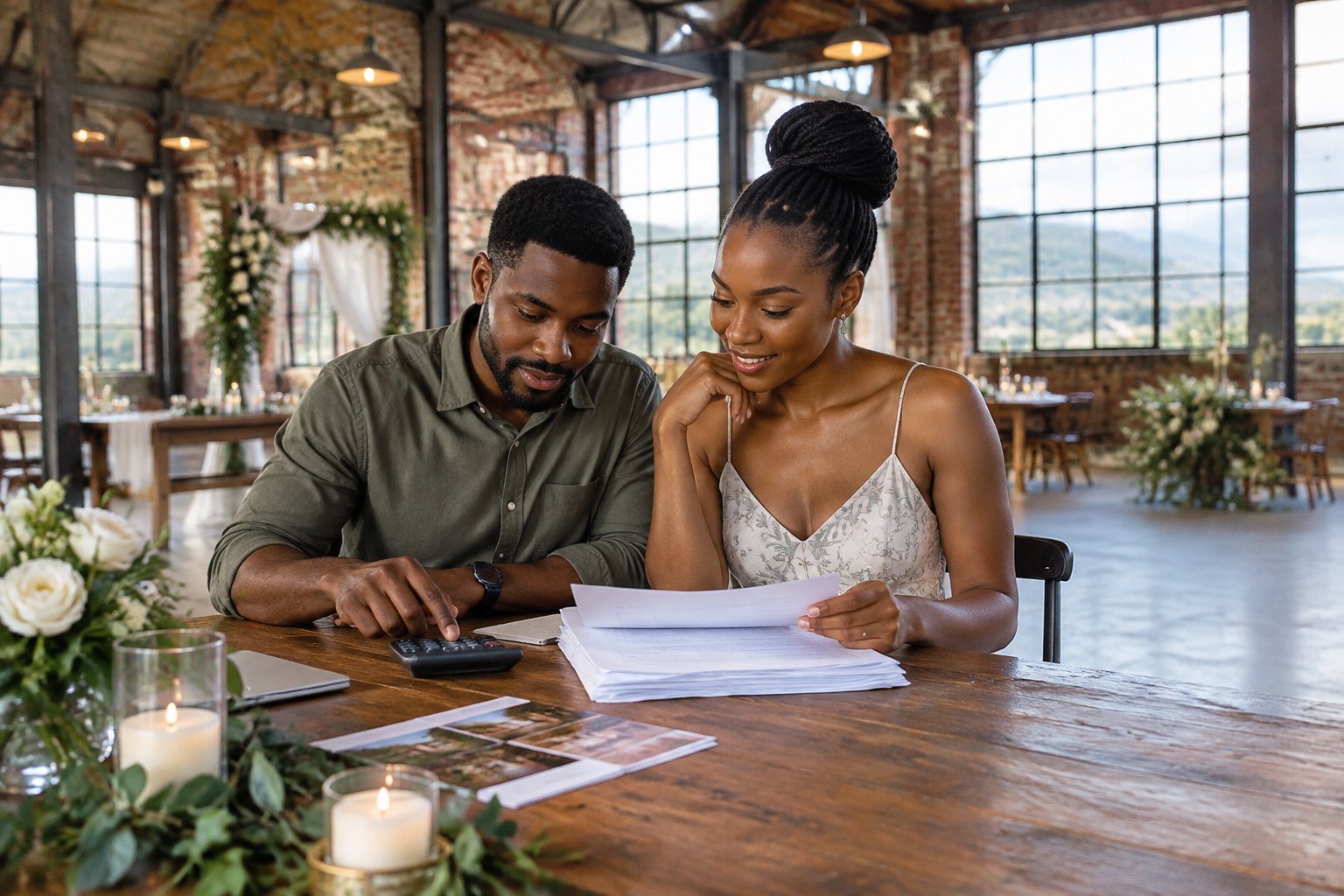 A couple reviews wedding plans at a table inside an industrial venue.