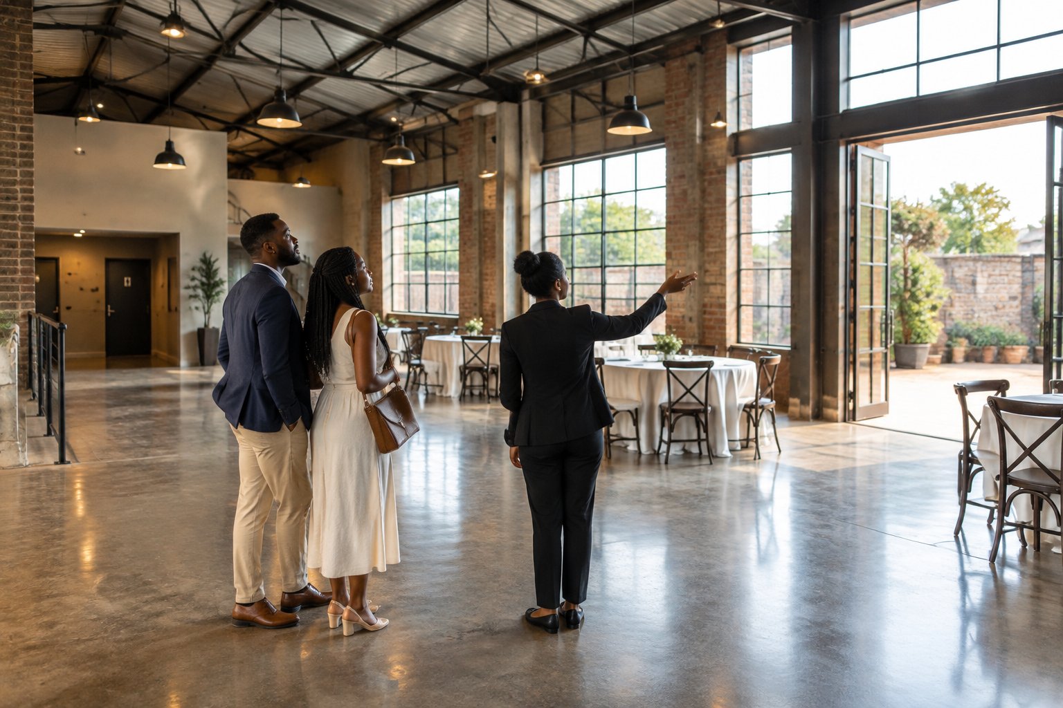 A couple and a venue coordinator inspect a warehouse wedding venue.