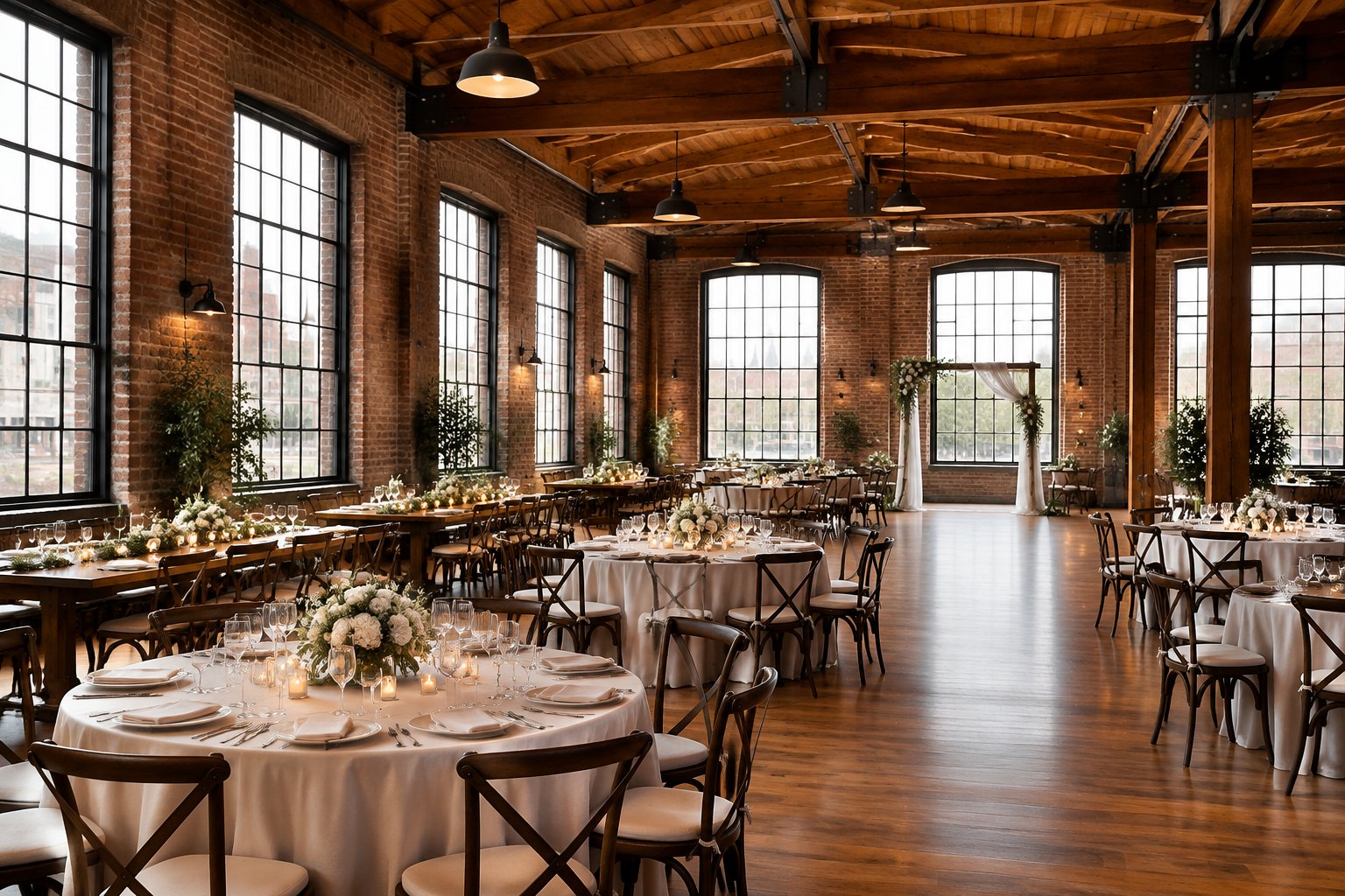 A wedding reception setup inside a brick industrial venue with tall windows and exposed beams.