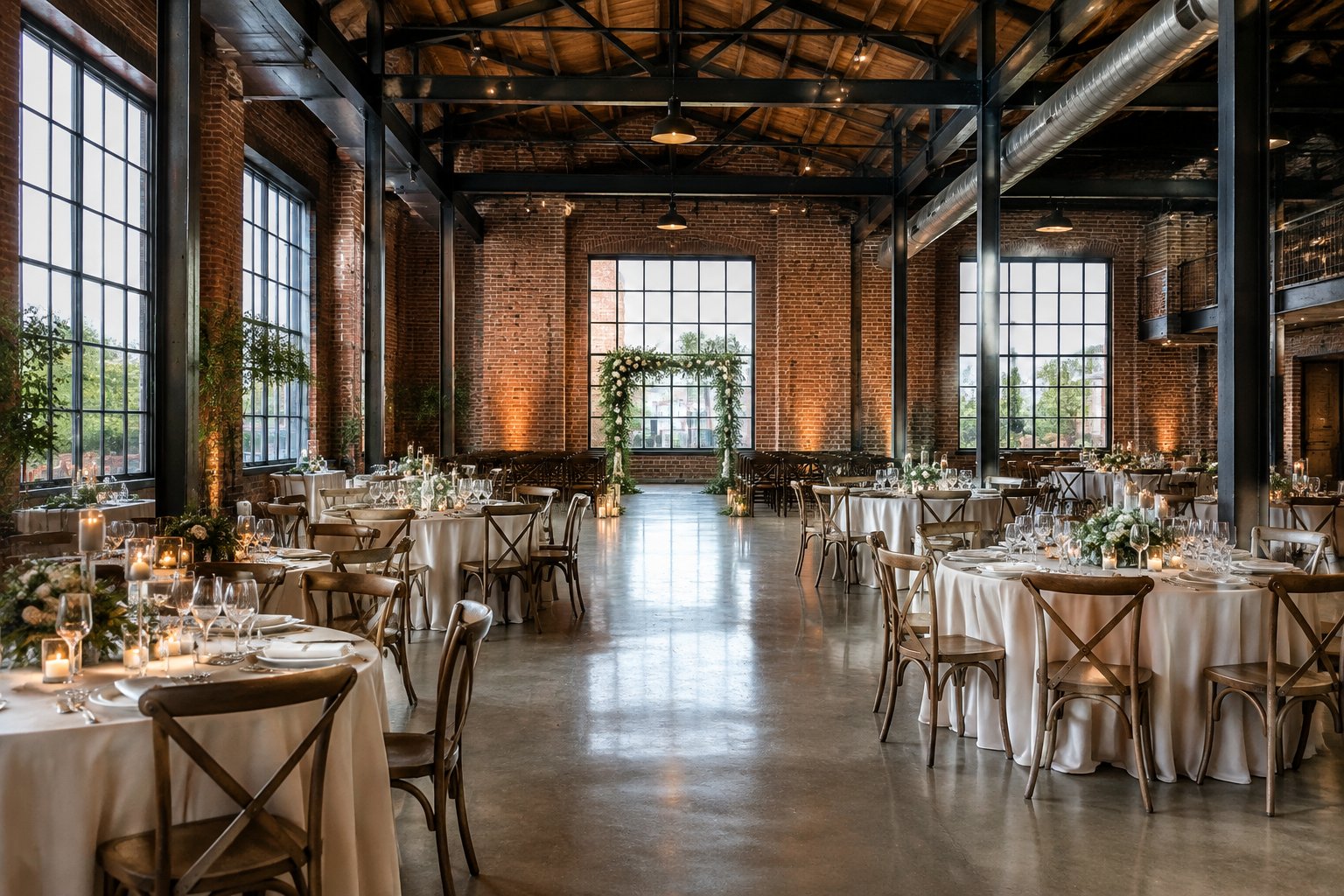A wedding reception setup inside a spacious warehouse venue.