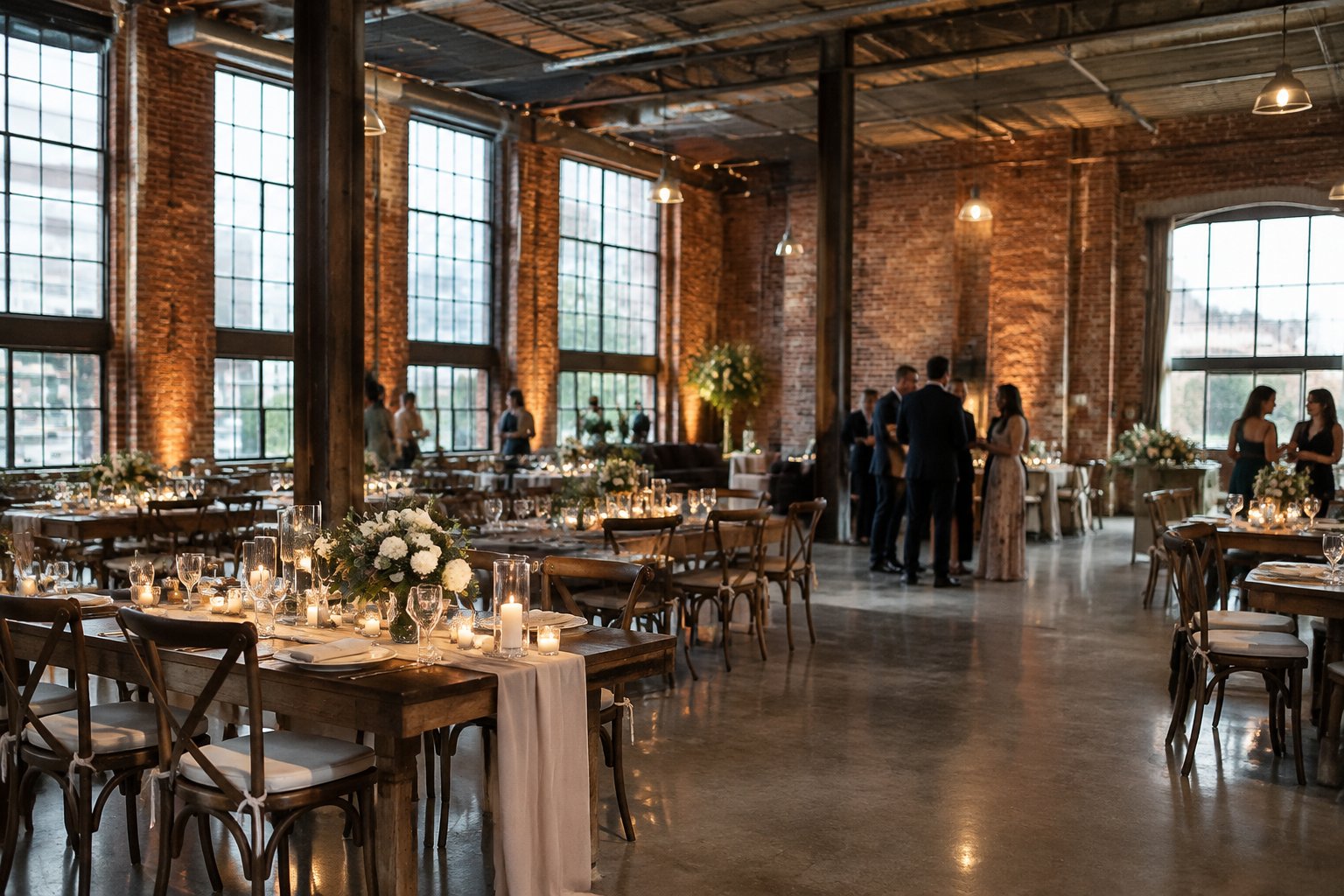 A wedding reception set in a brick warehouse with steel beams and tall windows.