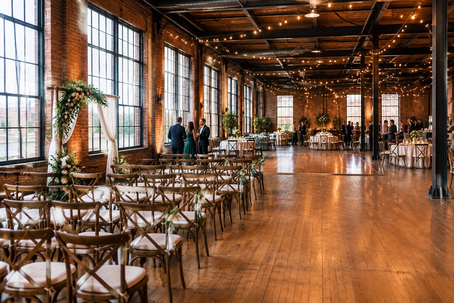 A wedding ceremony and reception arranged in different areas of the same industrial hall.