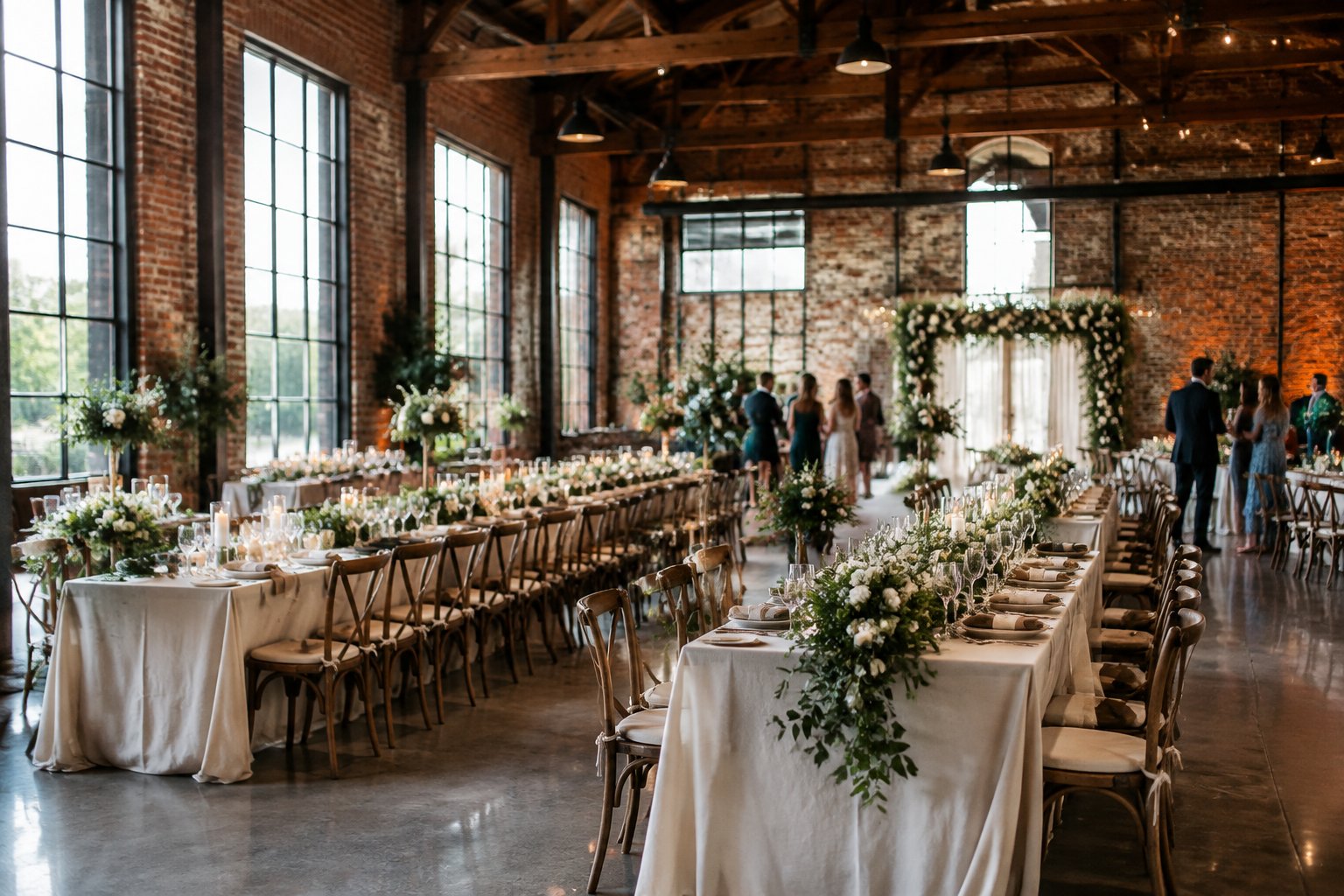 A wedding reception set inside a converted warehouse.