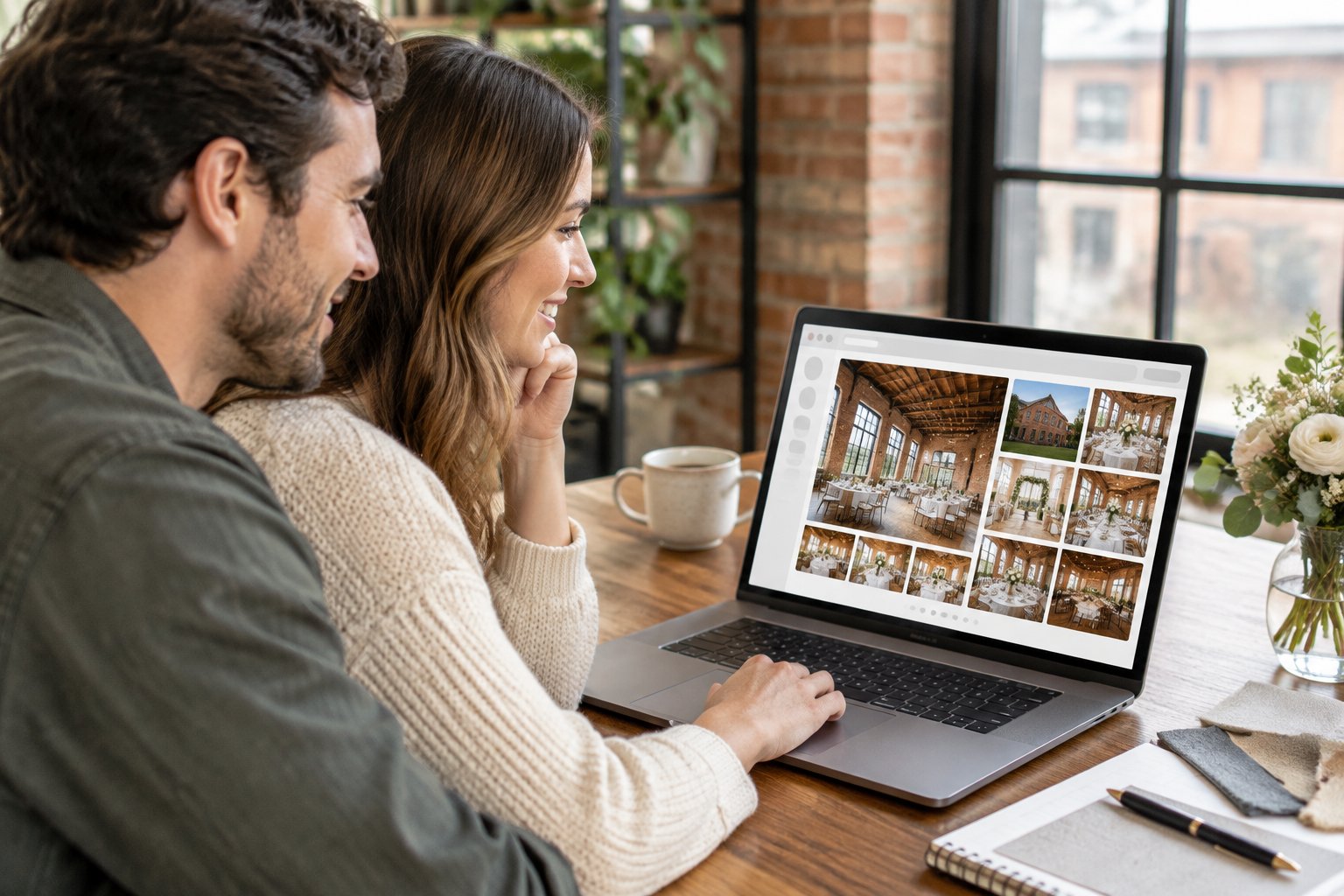 A couple browses industrial wedding venue photos on a laptop.