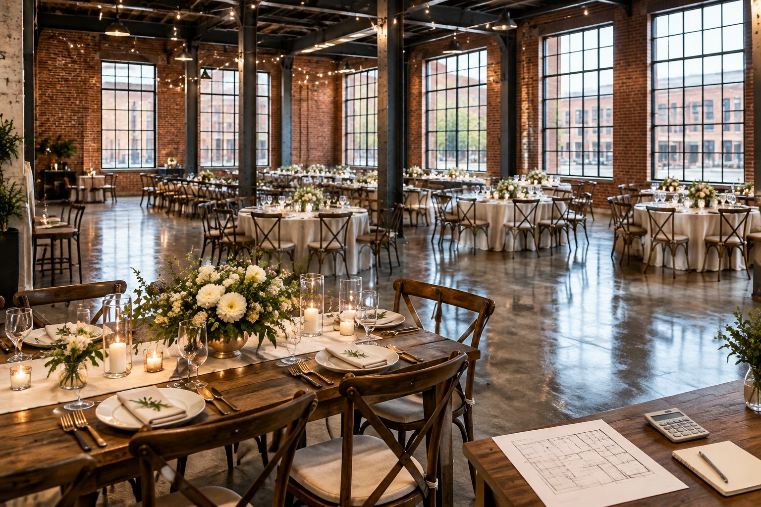 A spacious industrial warehouse wedding reception with tables, floral centerpieces, and tall windows.