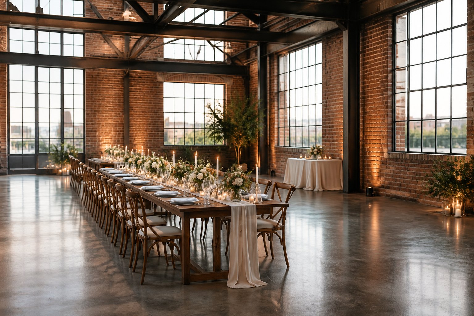 A wedding reception table inside a spacious brick-and-steel venue.