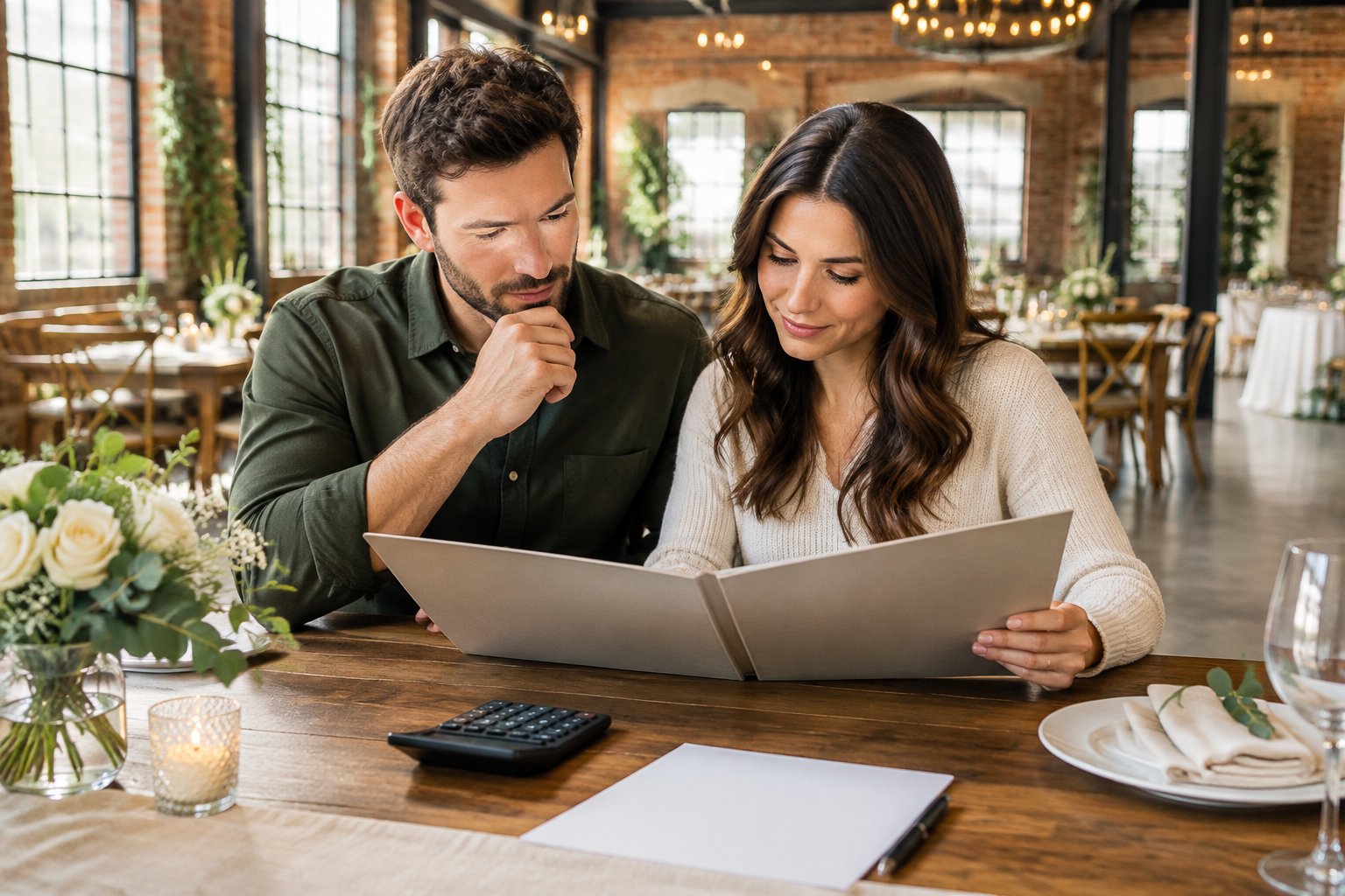 A couple compares venue proposals at a table in an industrial wedding venue.