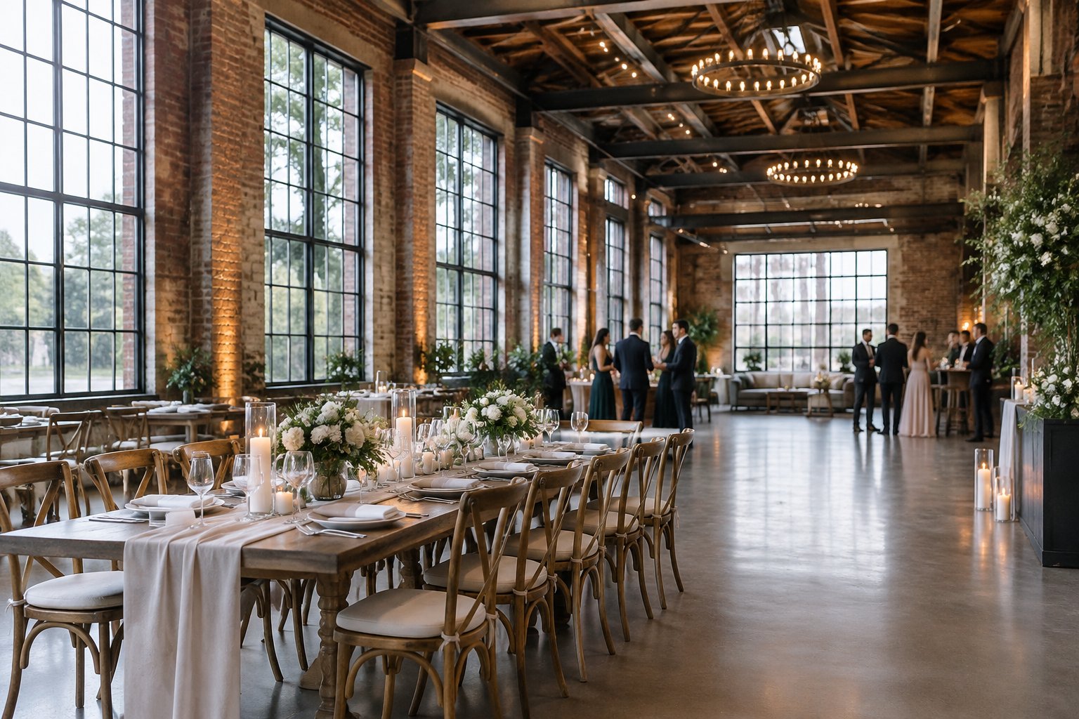 A wedding reception table inside a restored industrial warehouse.