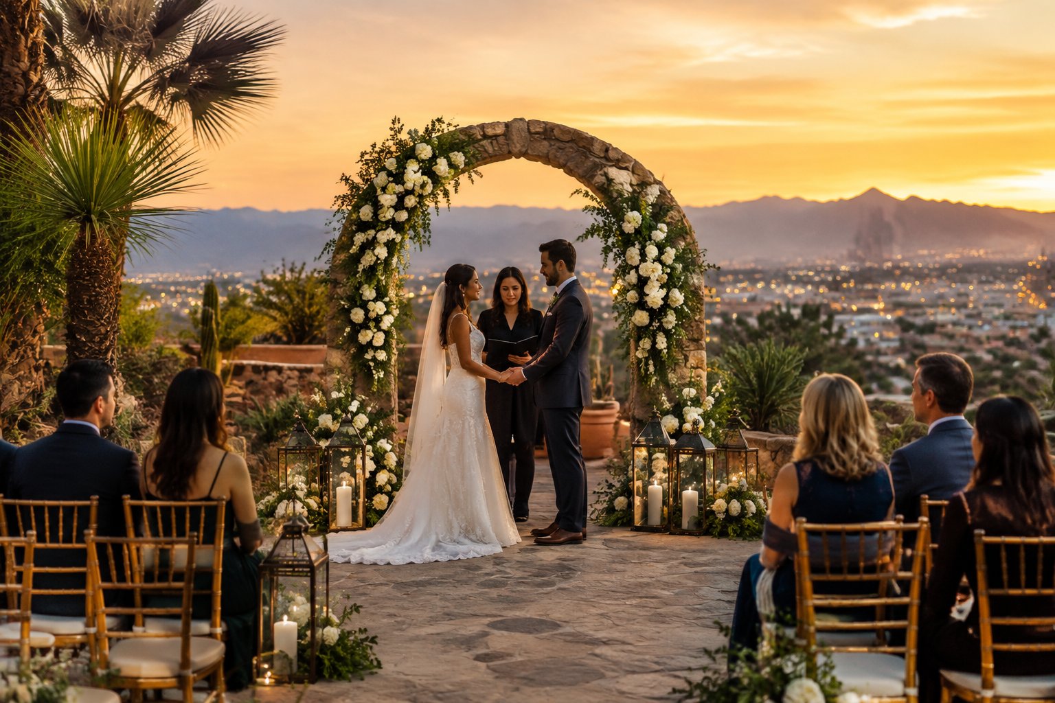 A couple exchanges vows beneath a floral arch in a small courtyard as guests look on.