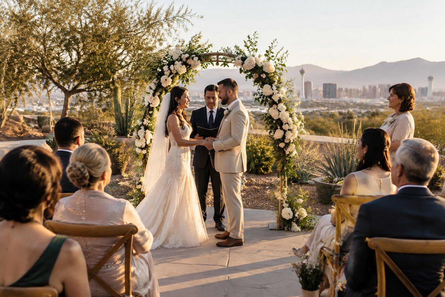 A couple exchanges vows before a small group of guests at an outdoor wedding ceremony.