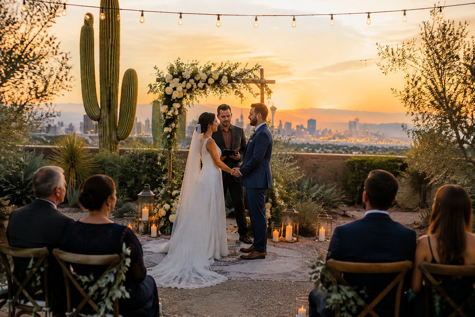 A couple exchanges vows in a small garden ceremony with a few guests.