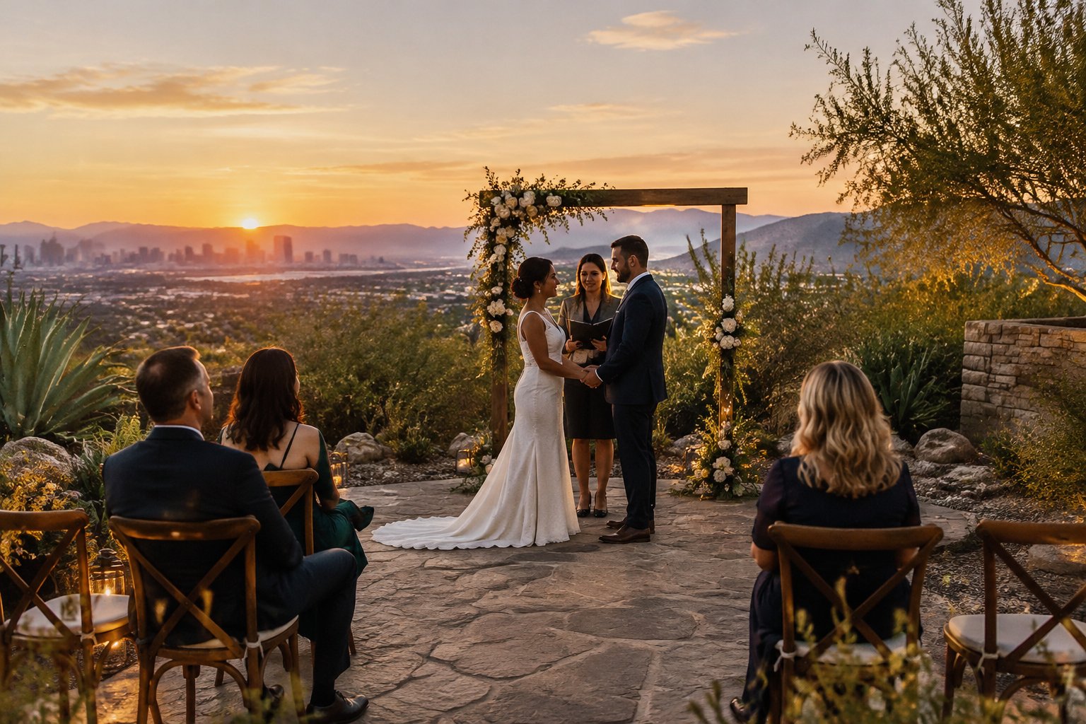A couple exchanges vows in a desert garden courtyard as a small group of guests watches.