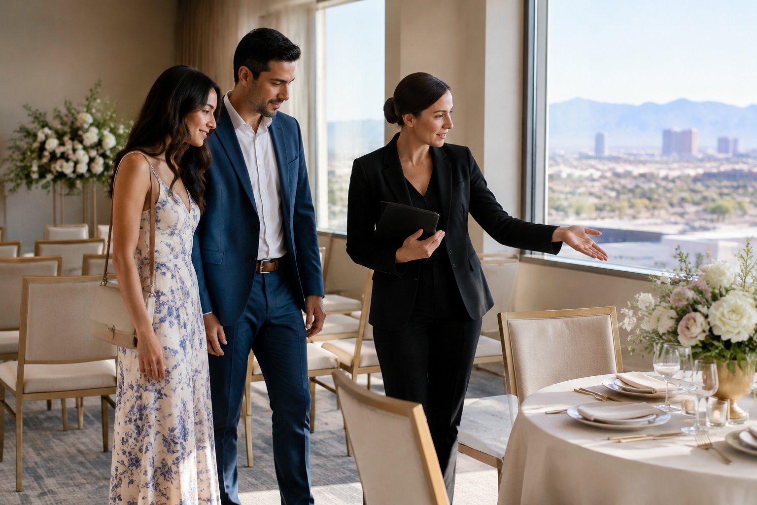 A couple and venue coordinator inspect a small wedding venue.