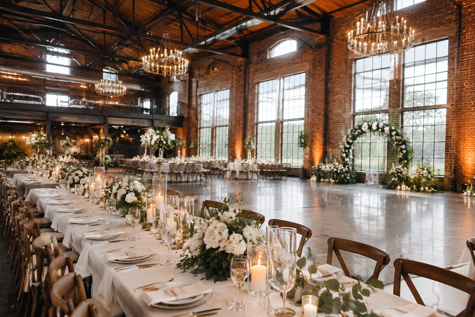 A wedding reception set with banquet tables inside a grand brick industrial venue.