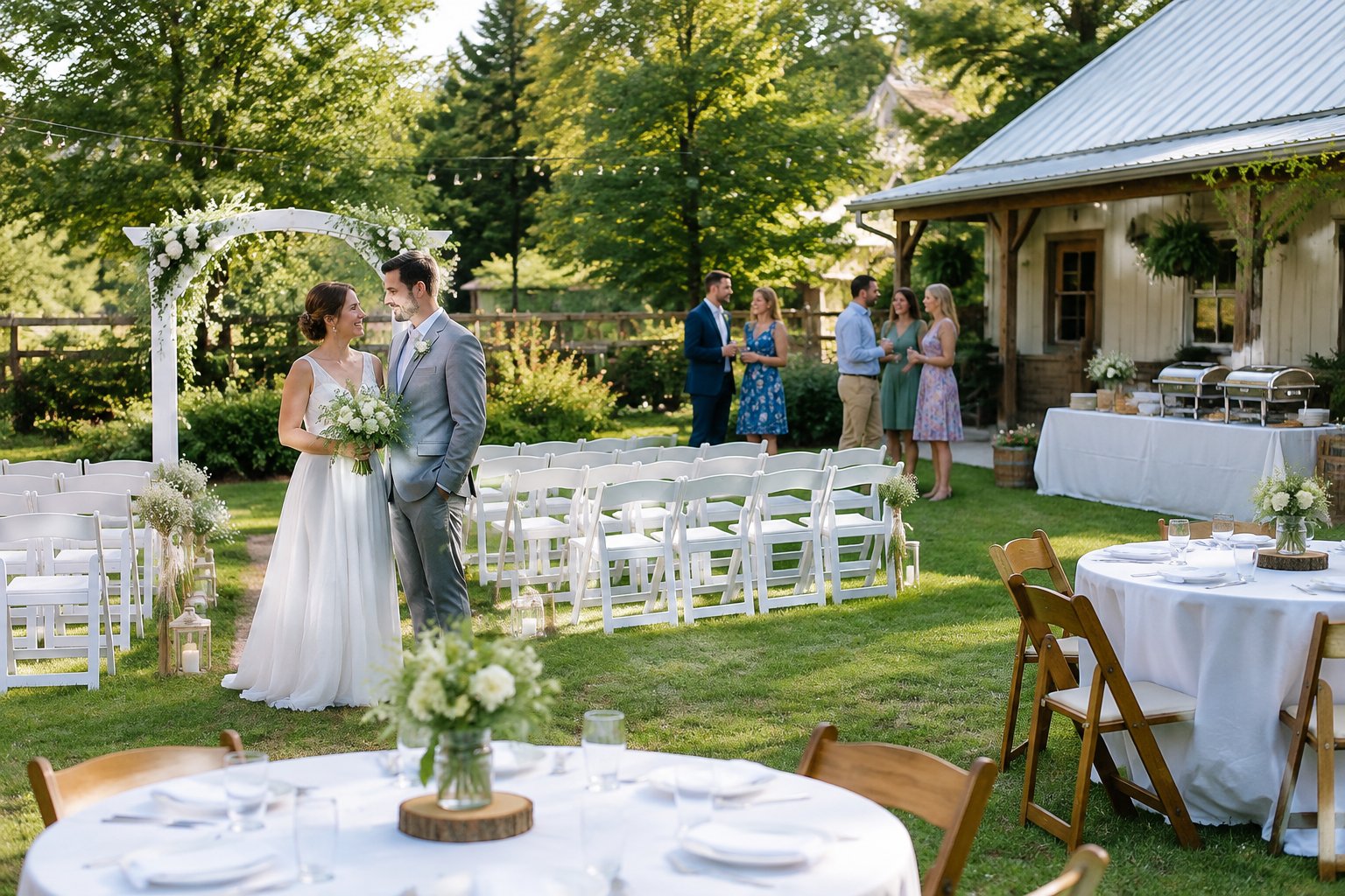 A couple celebrates at a garden wedding venue with chairs, reception tables, and a buffet.