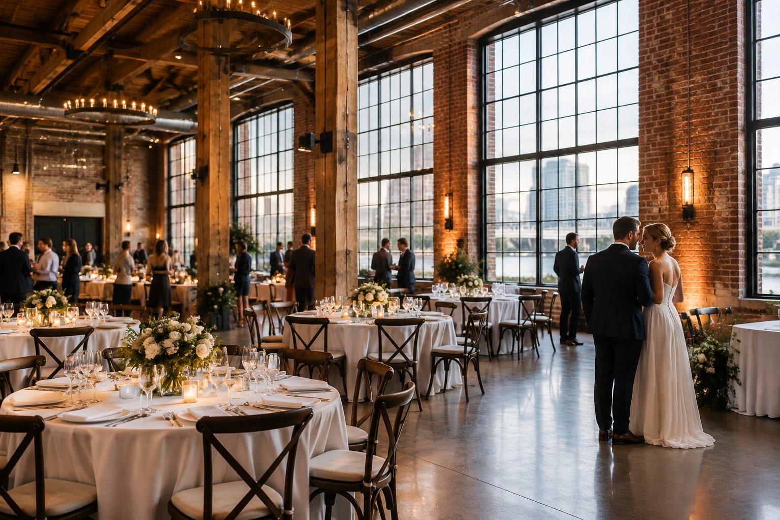 A couple and guests gather for a wedding reception in a brick loft with timber beams.