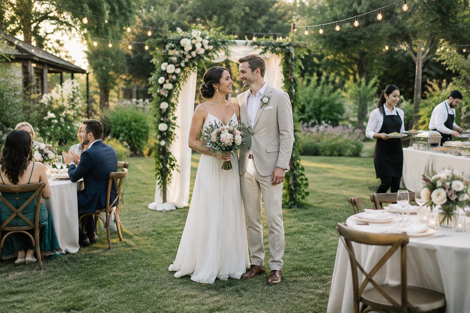 A couple celebrates their wedding in a garden venue with guests seated at decorated tables.