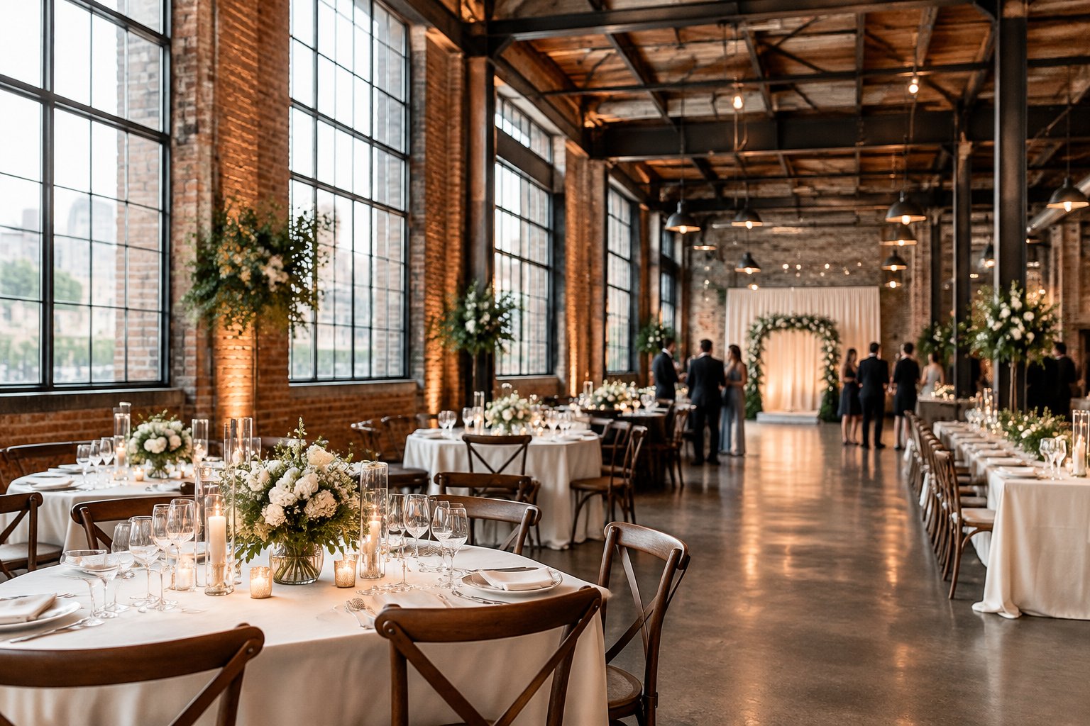 A wedding reception set among exposed brick walls and steel beams in a downtown warehouse.