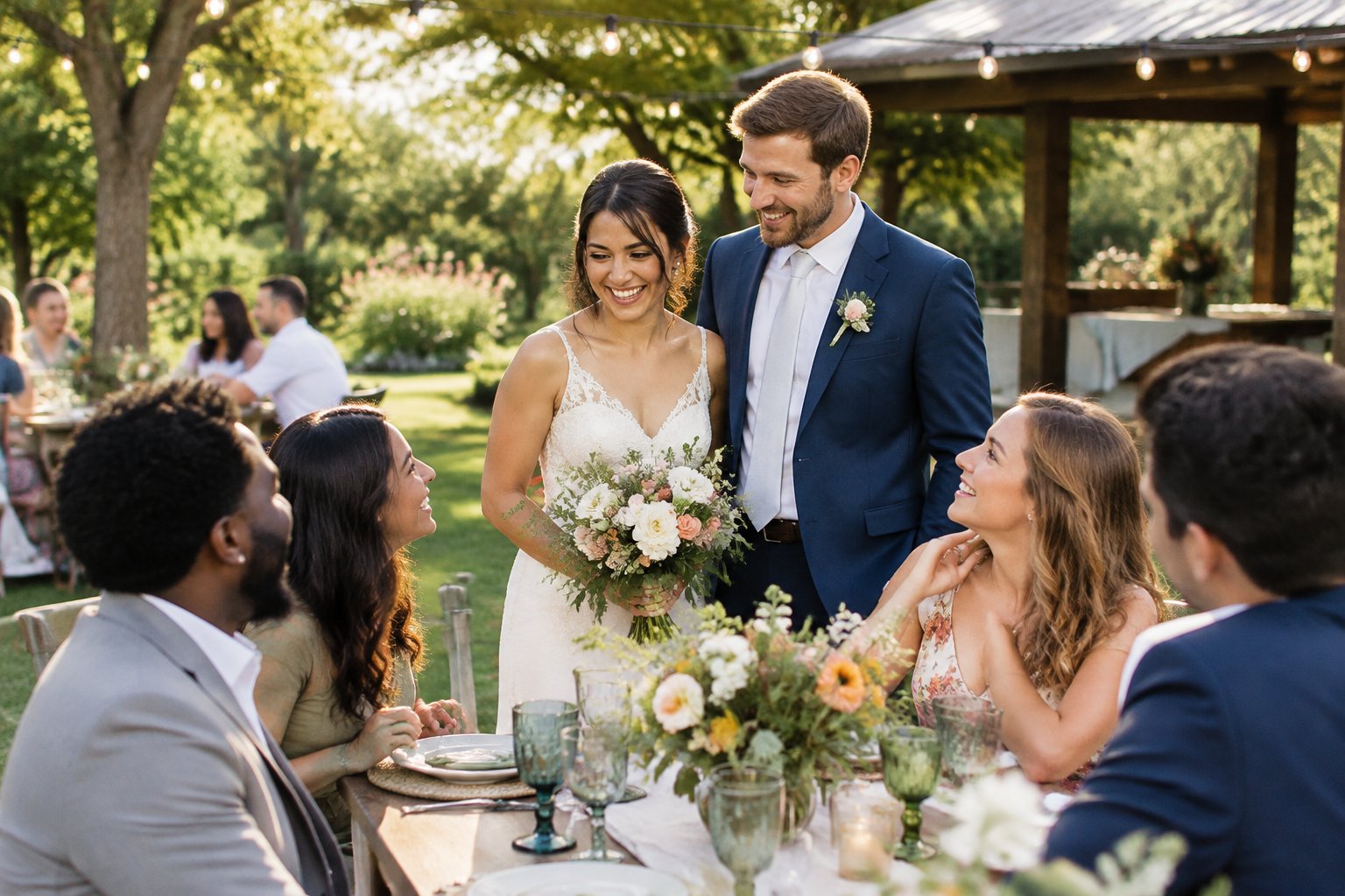 A couple celebrates with guests at a garden wedding reception.