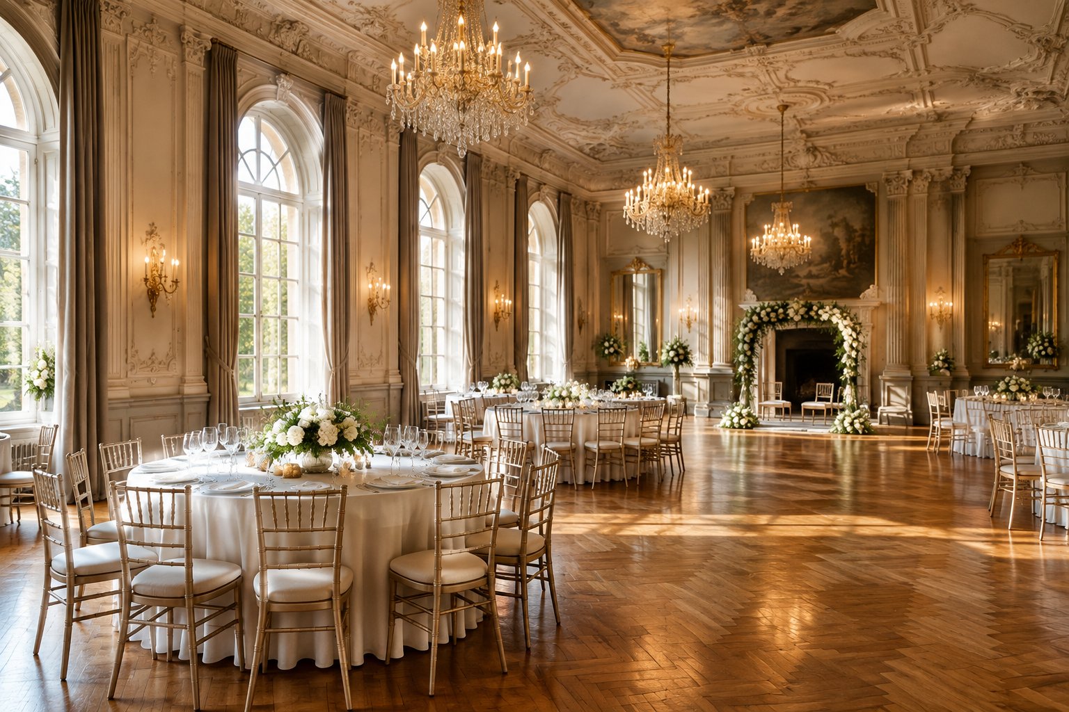 A wedding reception set inside a grand historic ballroom.