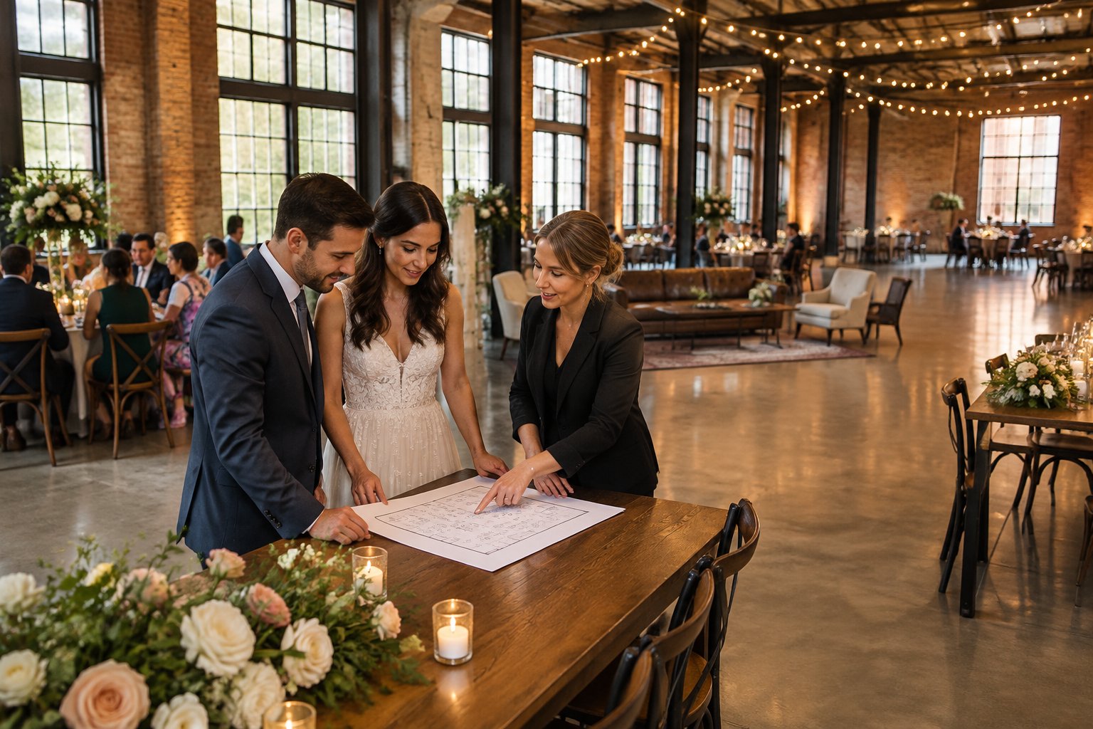 A couple and wedding planner review a floor plan in a spacious industrial wedding venue.