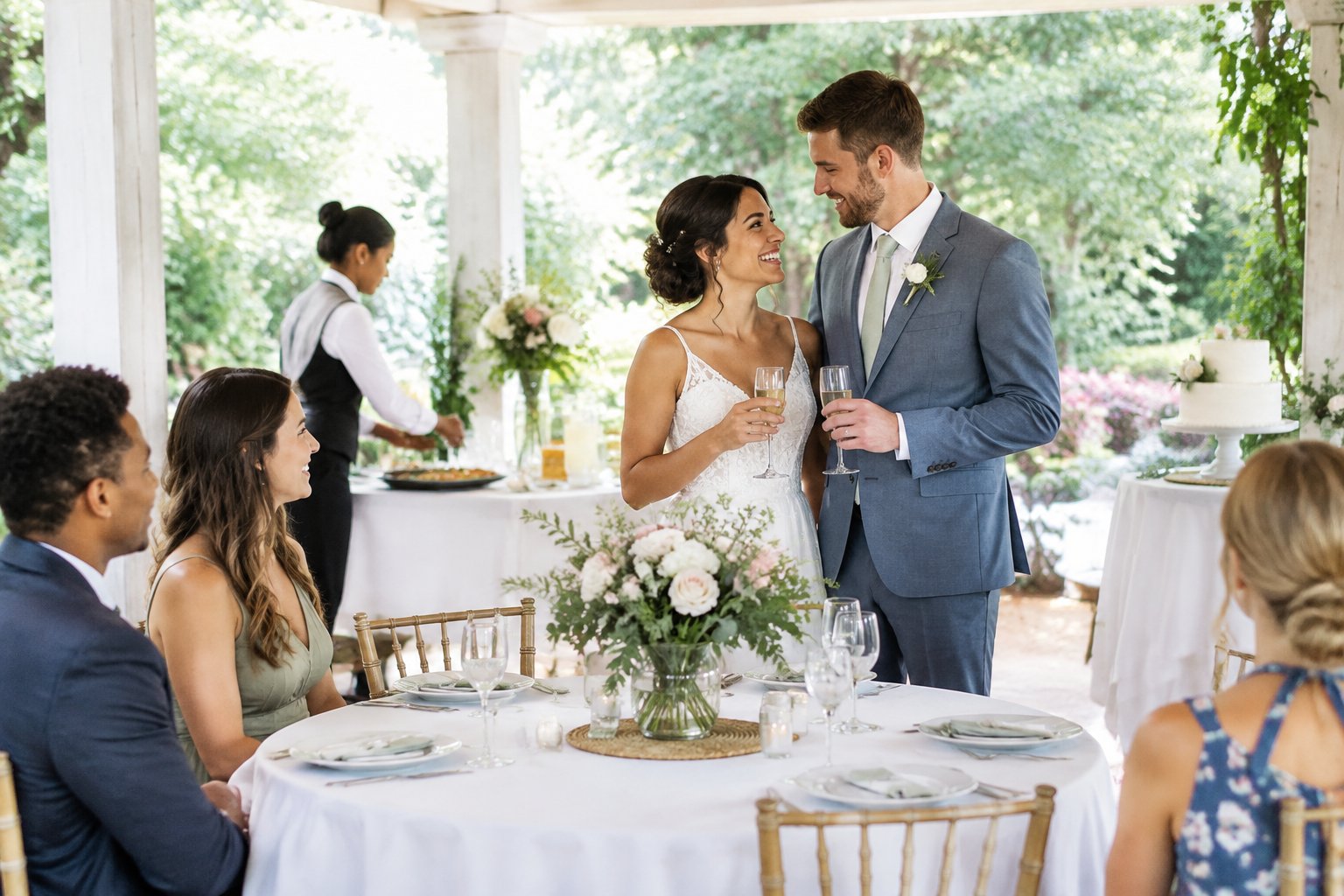 A newlywed couple celebrates at a garden wedding reception with guests, flowers, food, and a wedding cake.
