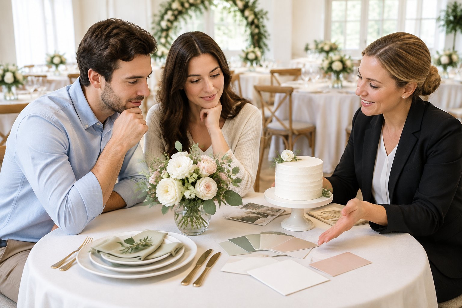 A couple compares wedding package samples with a venue coordinator.