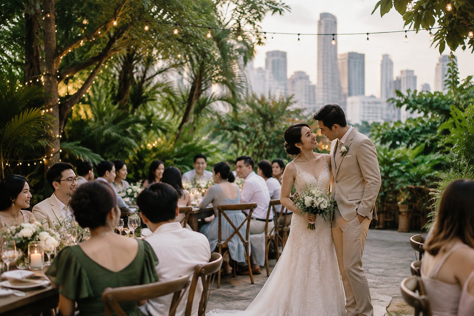 A bride and groom celebrate with guests at a small garden wedding reception.