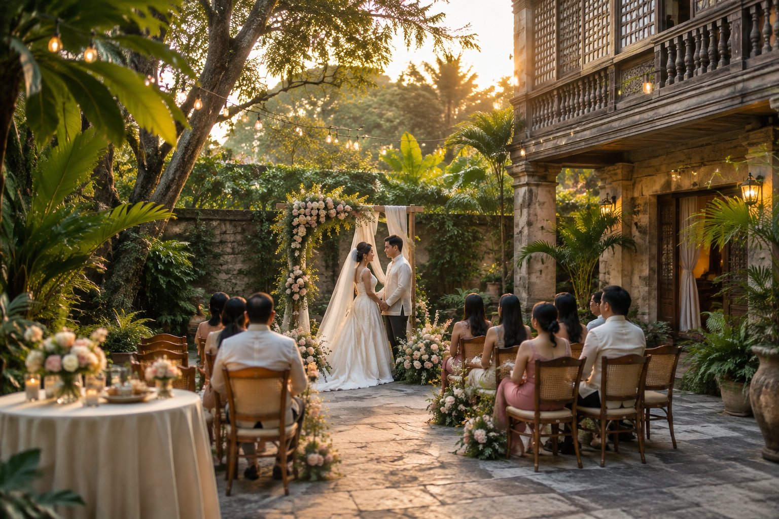 A couple stands beneath a flower arch at a small garden wedding with guests seated nearby.
