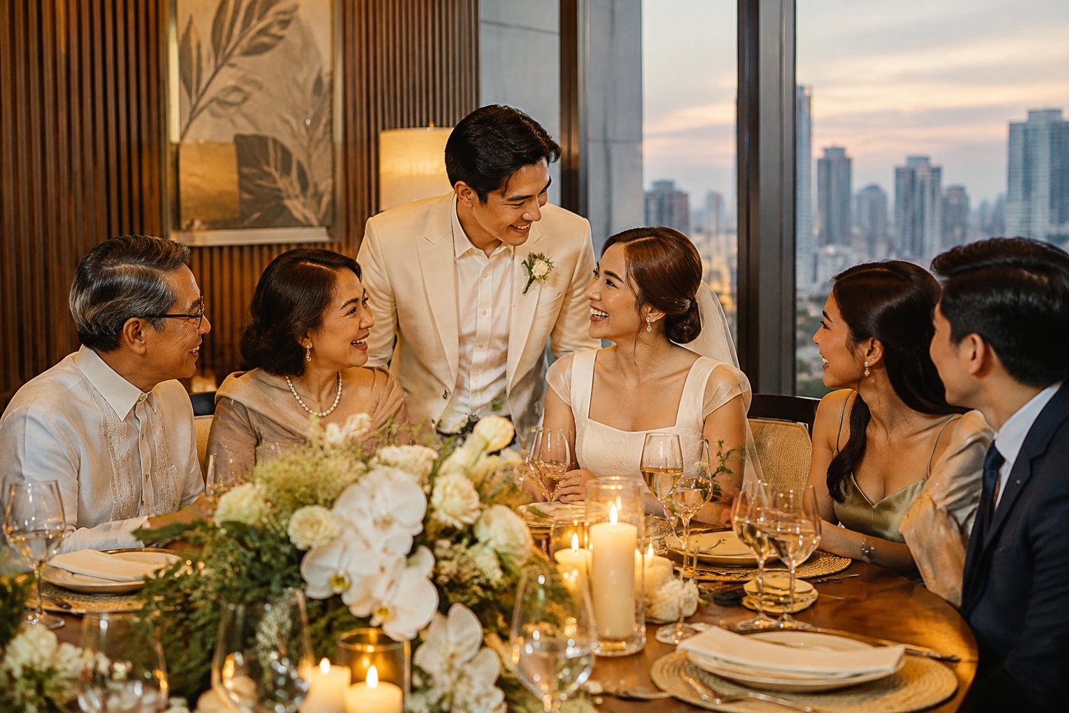 A newlywed couple celebrates with close family and friends around a dining table in a restaurant.