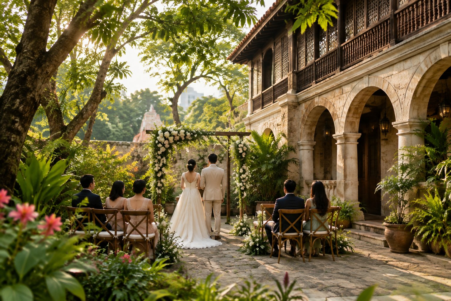 A couple stands at a small garden wedding ceremony beside a historic building.