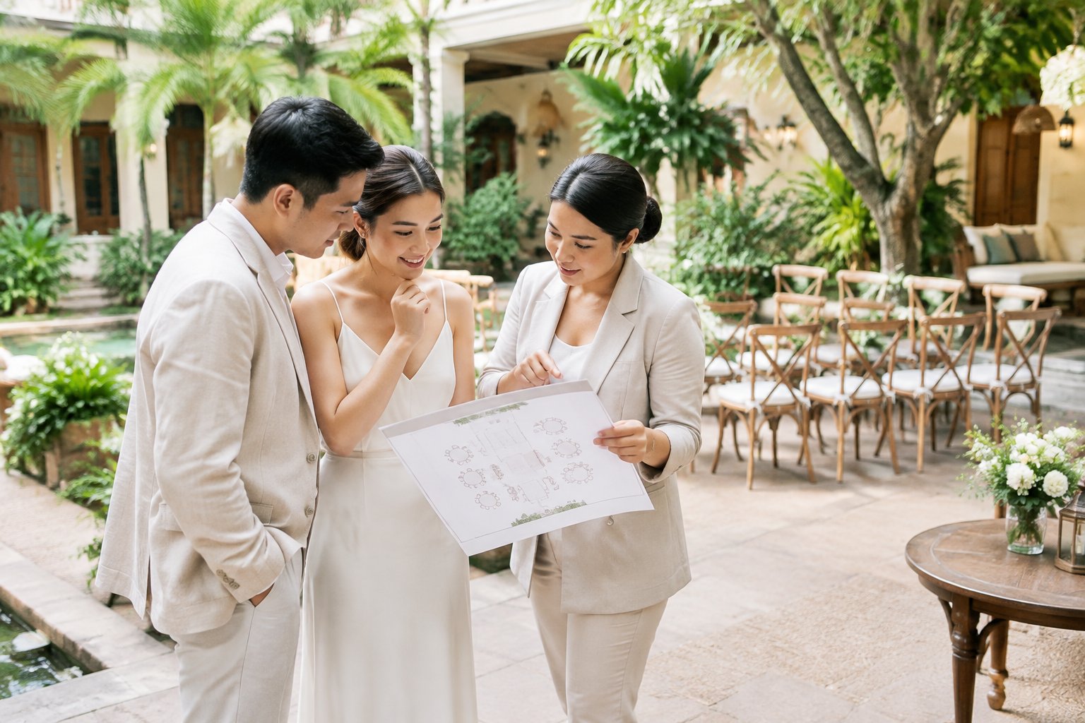 A couple and wedding planner review seating at an intimate garden venue.