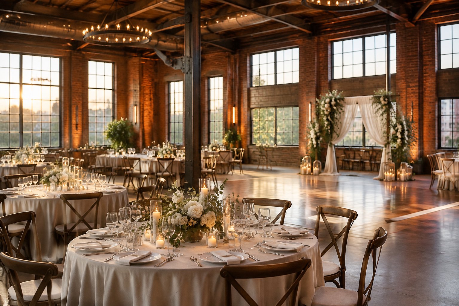 A decorated wedding reception inside a brick industrial venue.