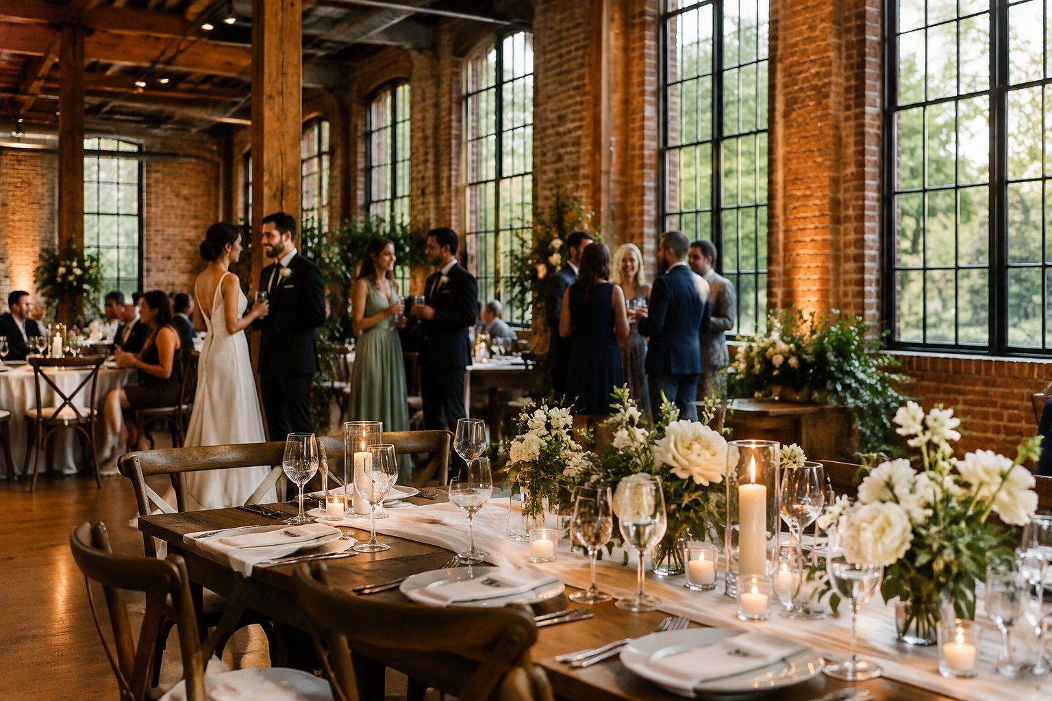 Guests gather for a wedding reception in a brick industrial venue.