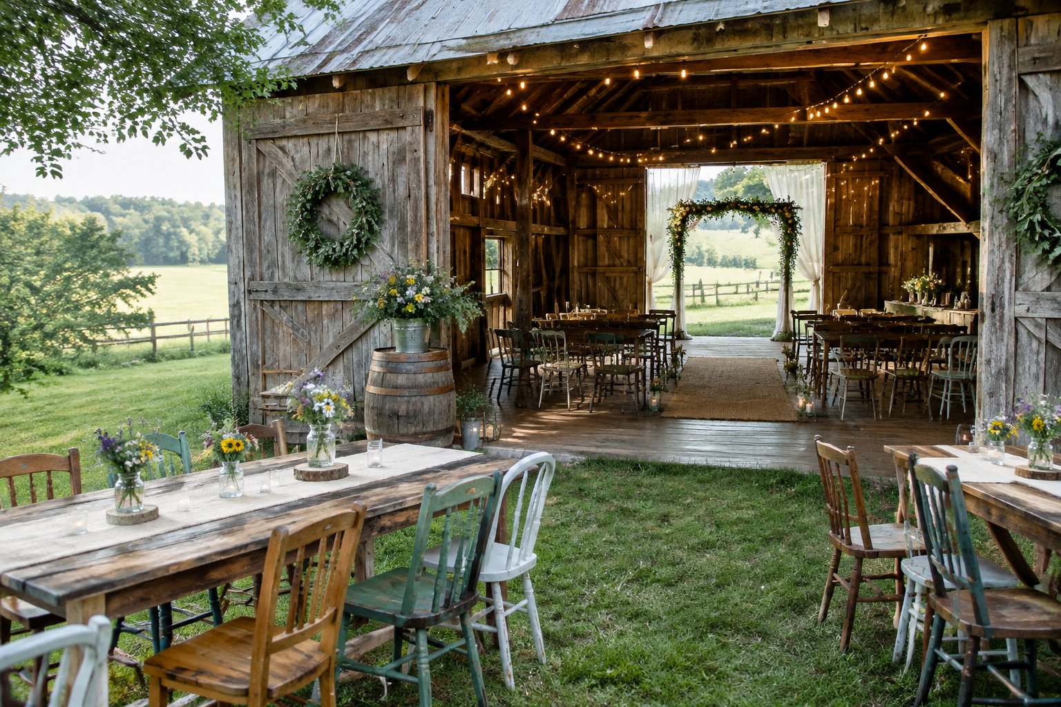A simple barn wedding venue with wooden tables, chairs, and wildflower decorations.