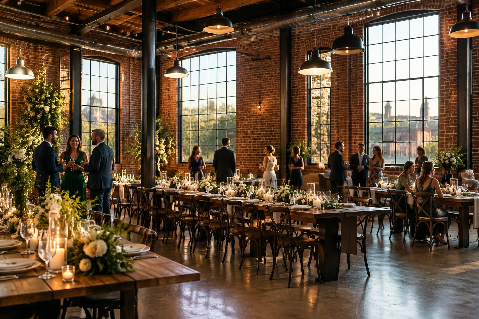 Guests mingle at a wedding reception in a renovated industrial venue.